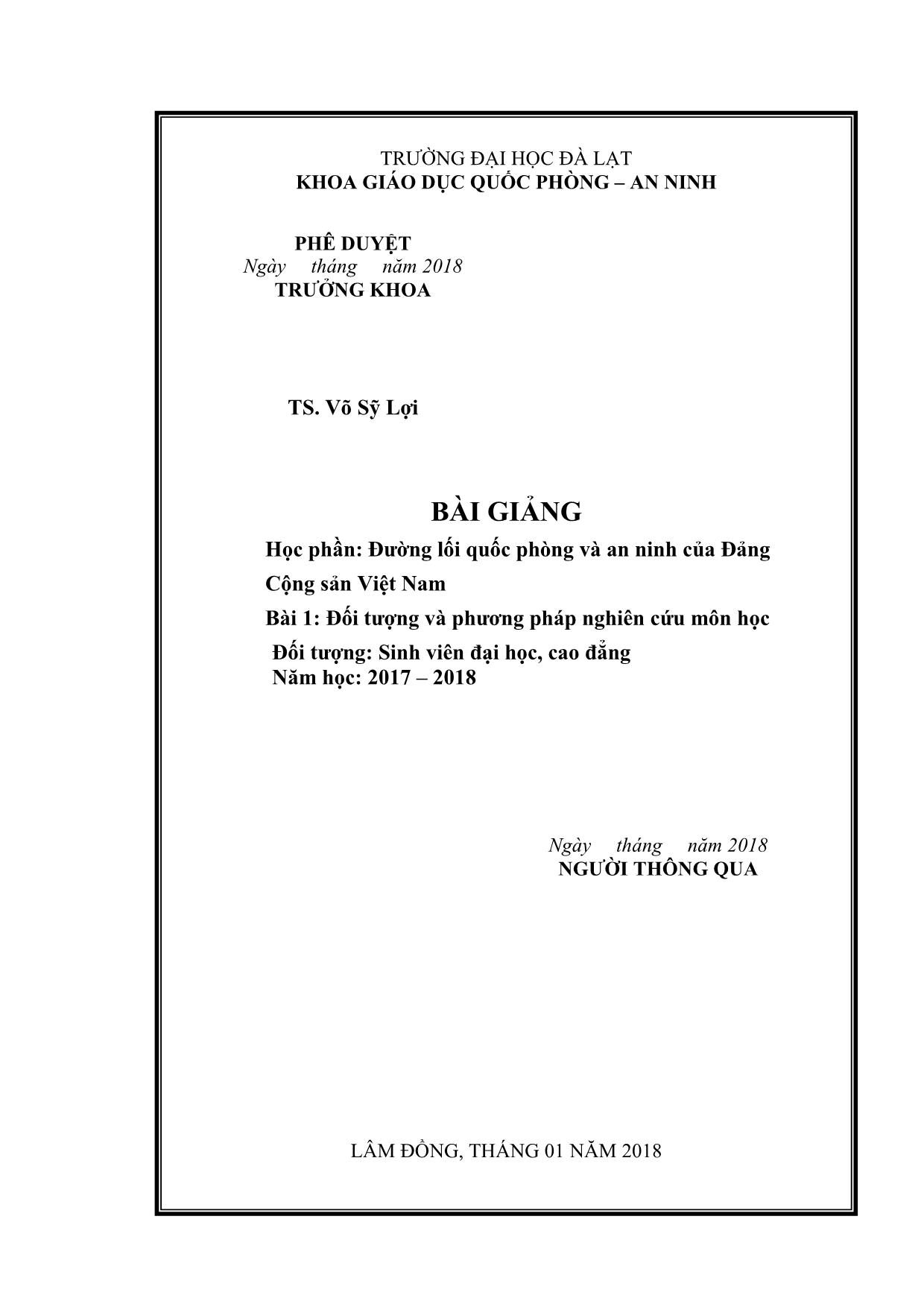 Giáo trình Đường lối quốc phòng và an ninh của Đảng Cộng sản Việt Nam - Bài 1: Đối tượng và phương pháp nghiên cứu môn học trang 2
