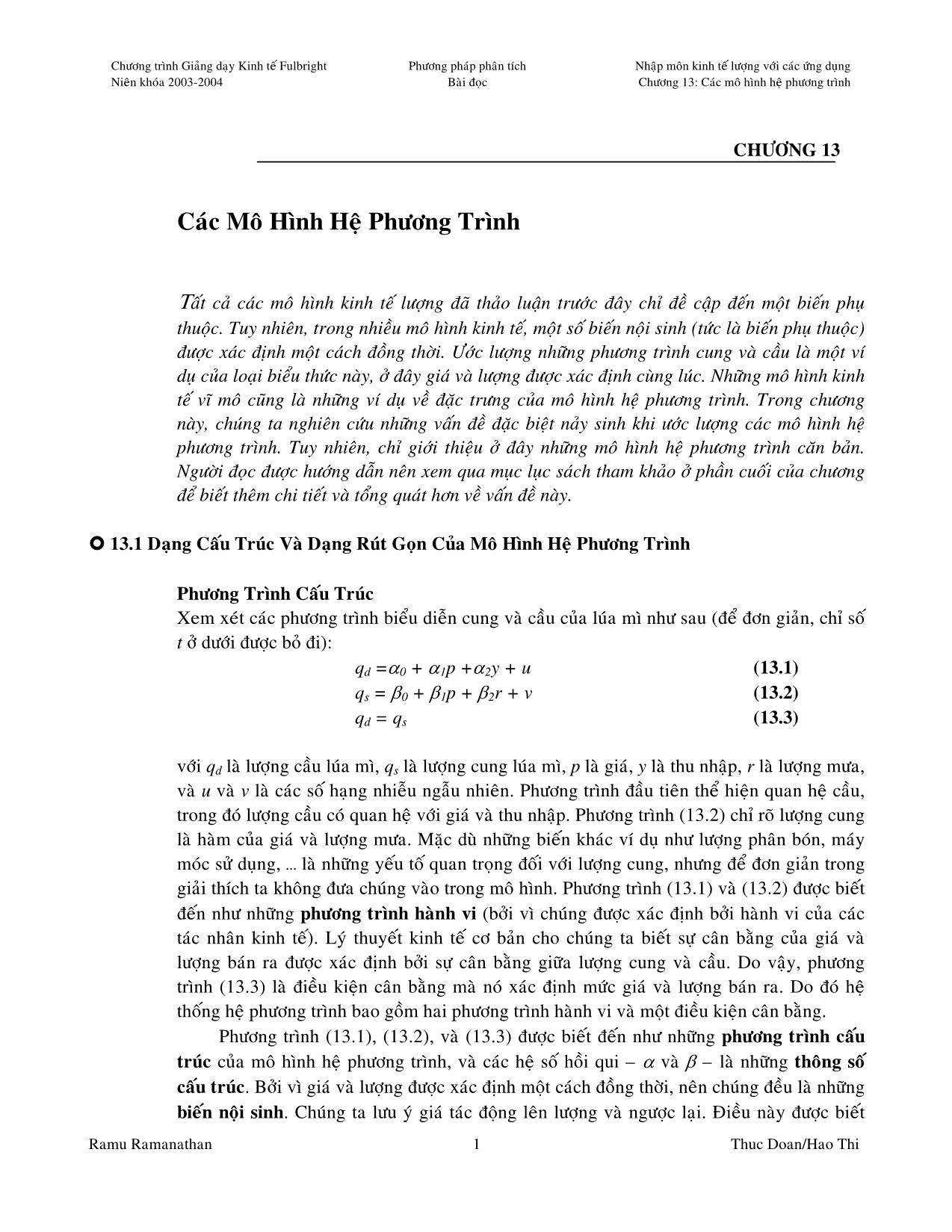 Giáo trình Kinh tế lượng với các ứng dụng - Chương 13: Các mô hình hệ phương trình trang 1