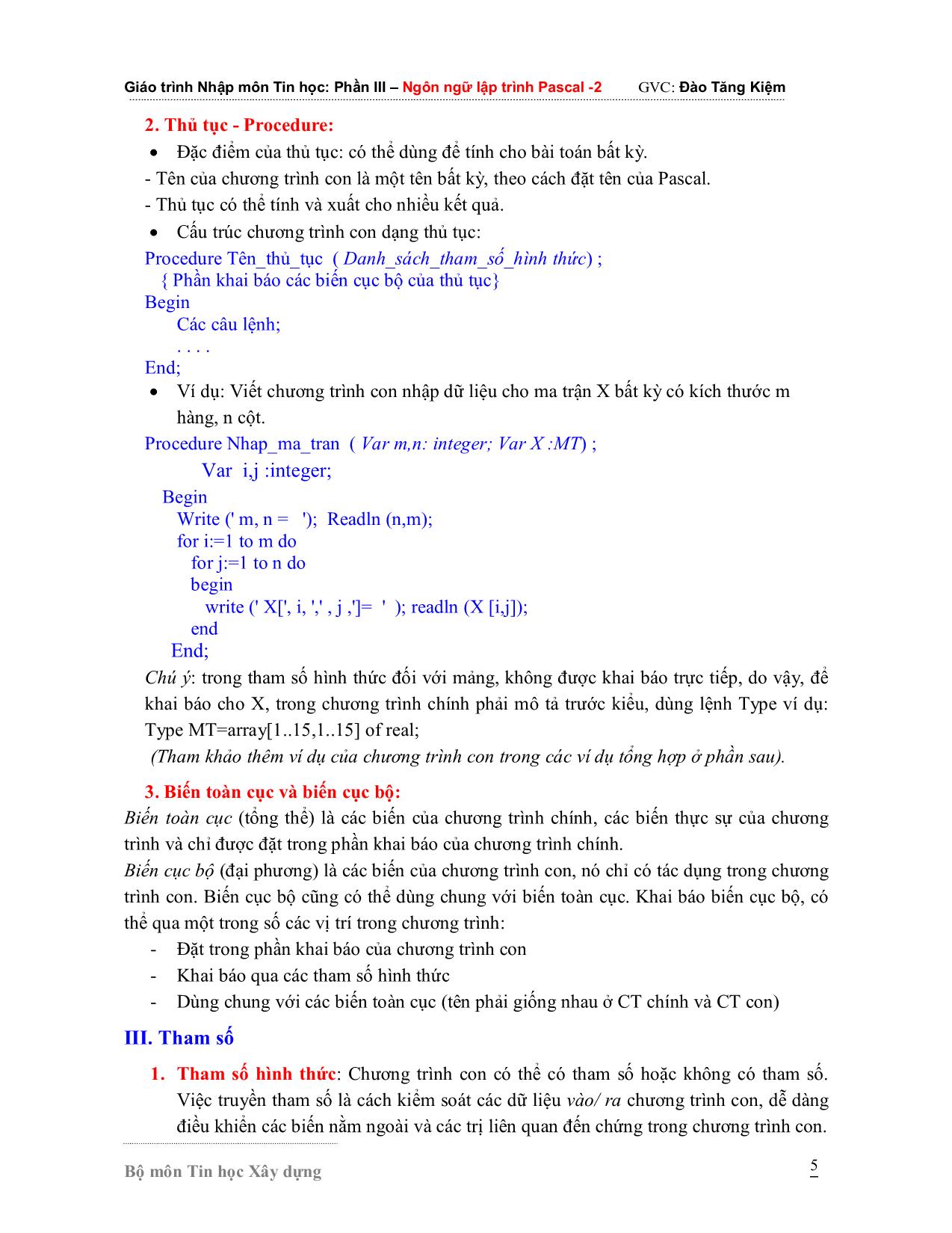 Giáo trình Nhập môn Tin học - Phần 3: Ngôn ngữ lập trình Pascal 2 trang 5