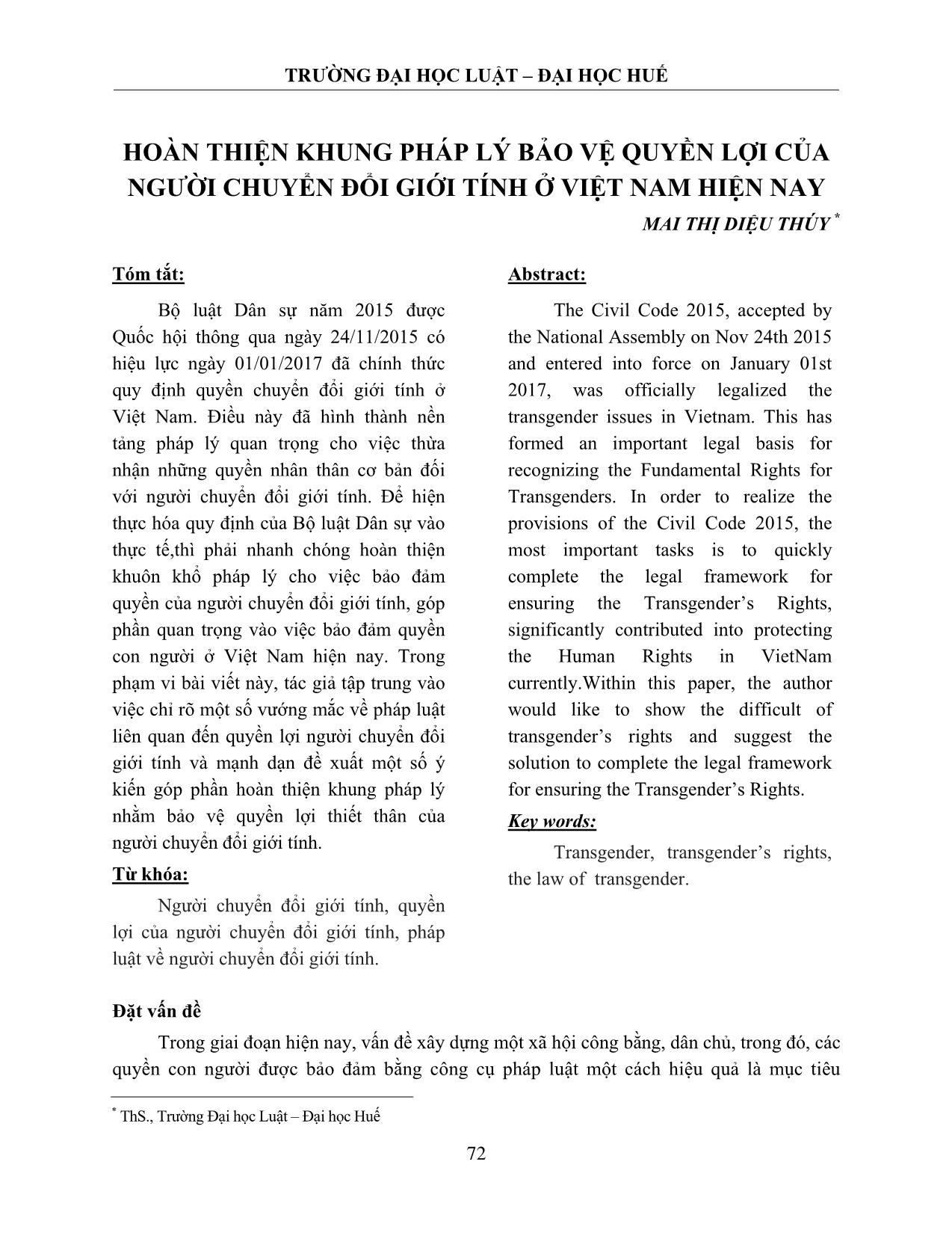 Hoàn thiện khung pháp lý bảo vệ quyền lợi của người chuyển đổi giới tính ở Việt Nam hiện nay trang 1