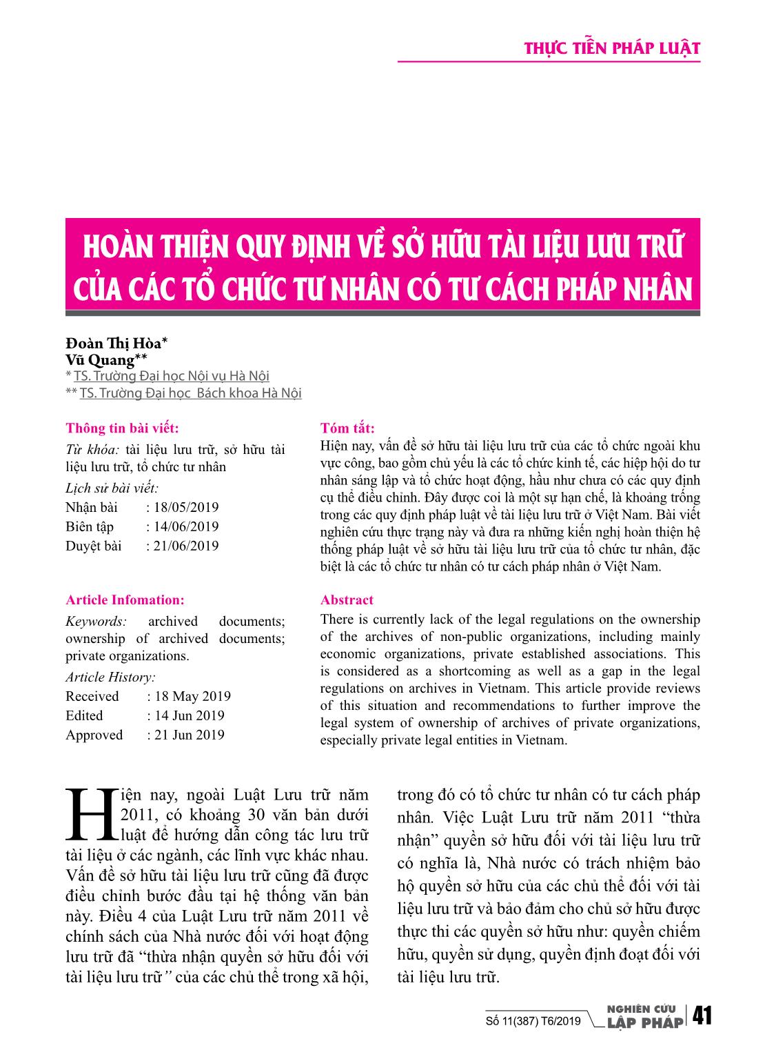 Hoàn thiện quy định về sở hữu tài liệu lưu trữ của các tổ chức tư nhân có tư cách pháp nhân trang 1