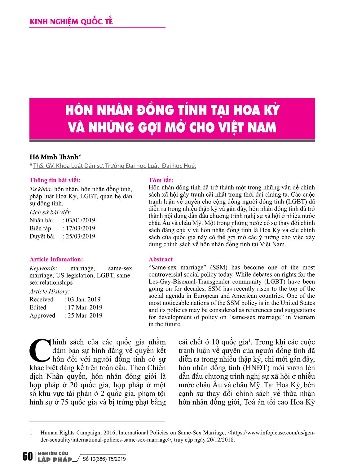 Hôn nhân đồng tính tại Hoa Kỳ và những gợi mở cho Việt Nam trang 1
