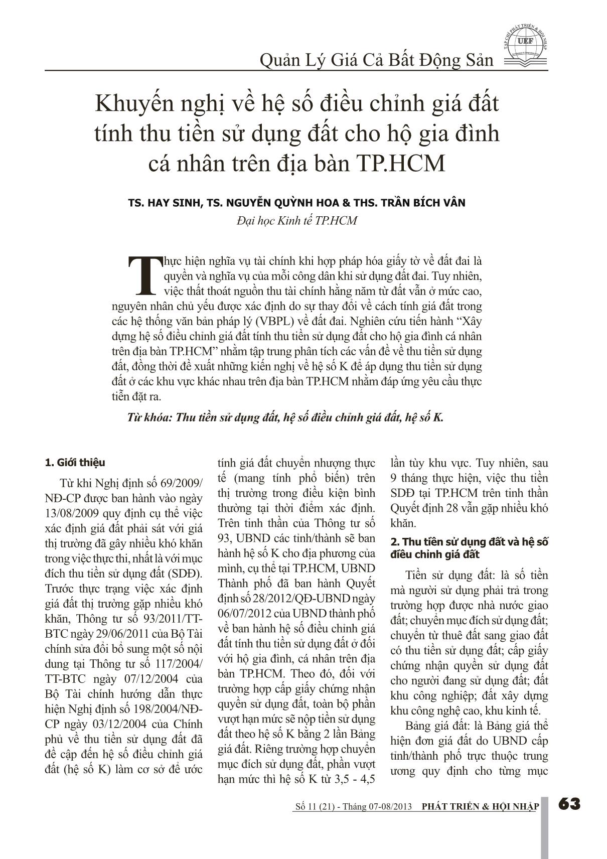 Khuyến nghị về hệ số điều chỉnh giá đất tính thu tiền sử dụng đất cho hộ gia đình cá nhân trên địa bàn thành phố Hồ Chí Minh trang 1
