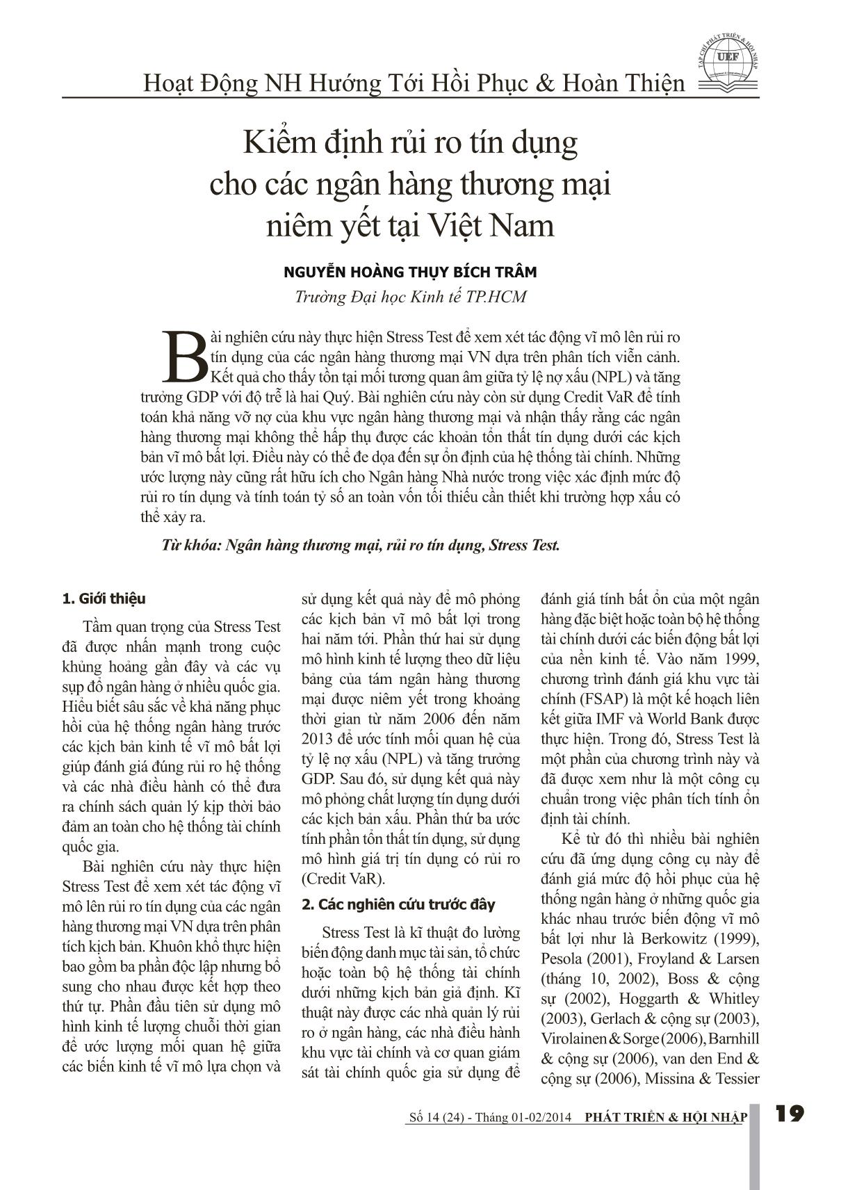 Kiểm định rủi ro tín dụng cho các ngân hàng thương mại niêm yết tại Việt Nam trang 1