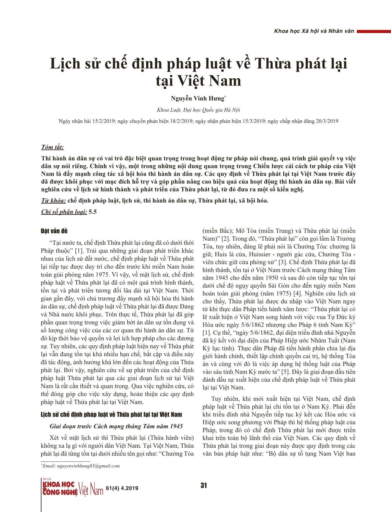 Lịch sử chế định pháp luật về Thừa phát lại tại Việt Nam trang 1