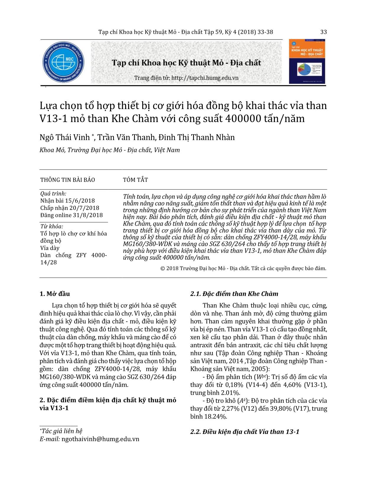 Lựa chọn tổ hợp thiết bị cơ giới hóa đồng bộ khai thác vỉa than V13-1 mỏ than Khe Chàm với công suất 400000 tấn/năm trang 1