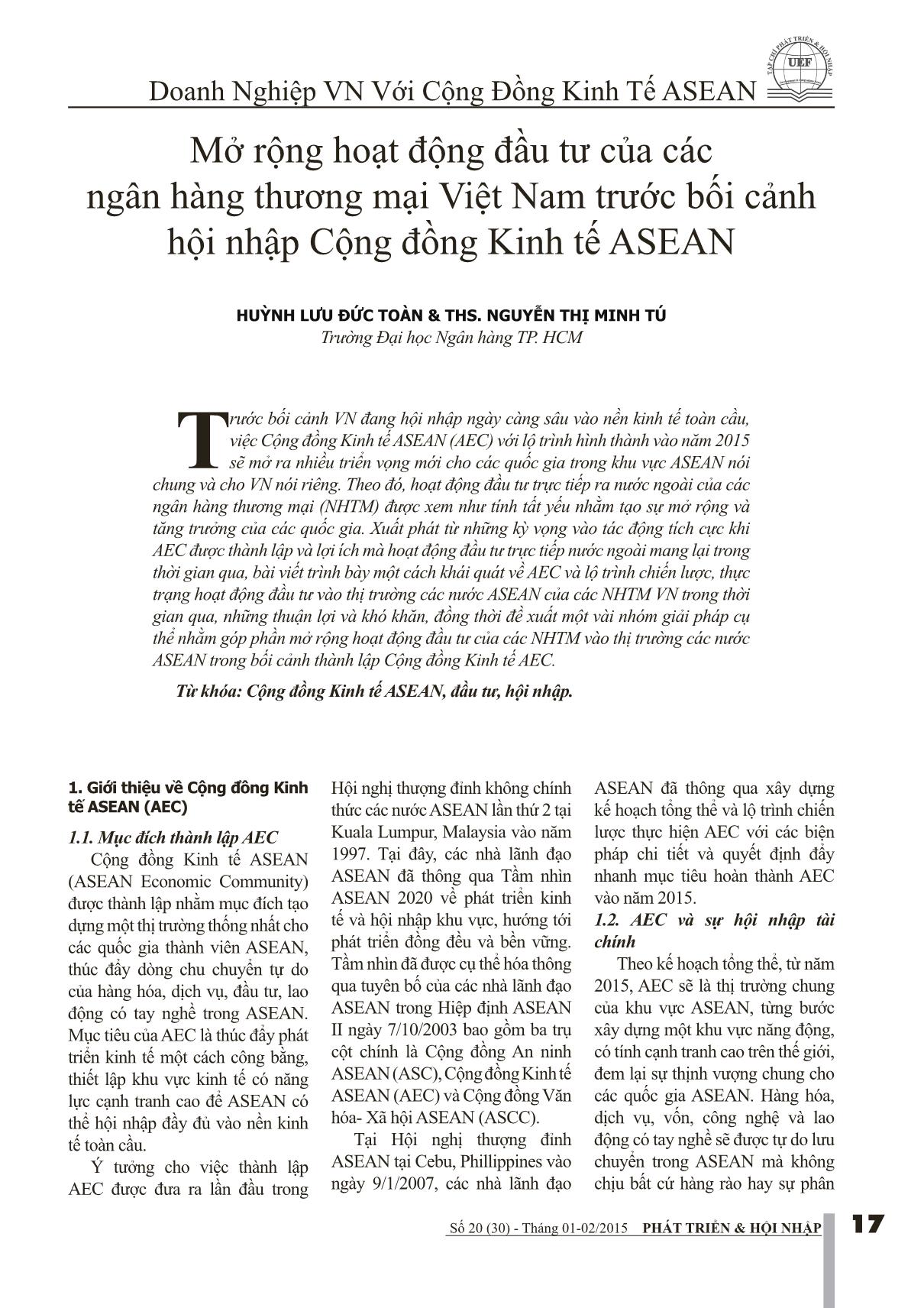 Mở rộng hoạt động đầu tư của các ngân hàng thương mại Việt Nam trước bối cảnh hội nhập Cộng đồng kinh tế Asean trang 1