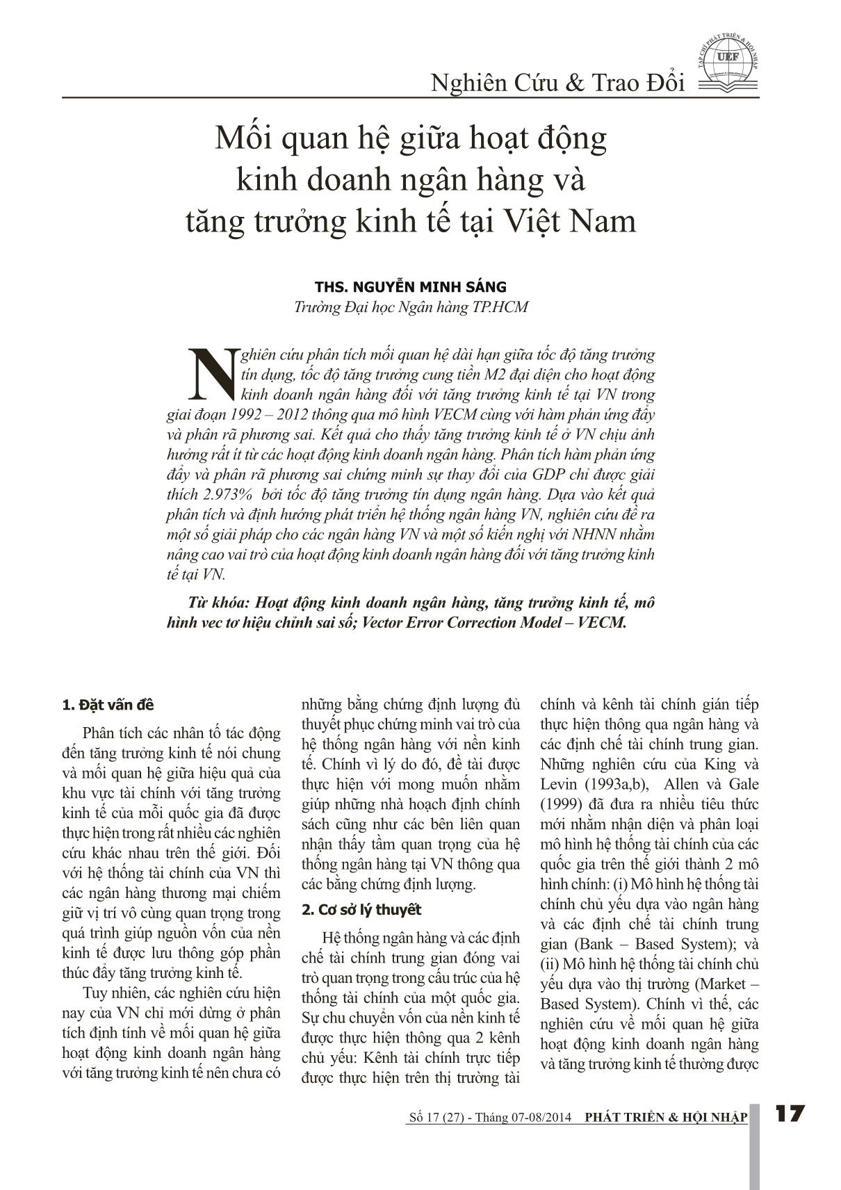 Mối quan hệ giữa hoạt động kinh doanh ngân hàng và tăng trưởng kinh tế tại Việt Nam trang 1