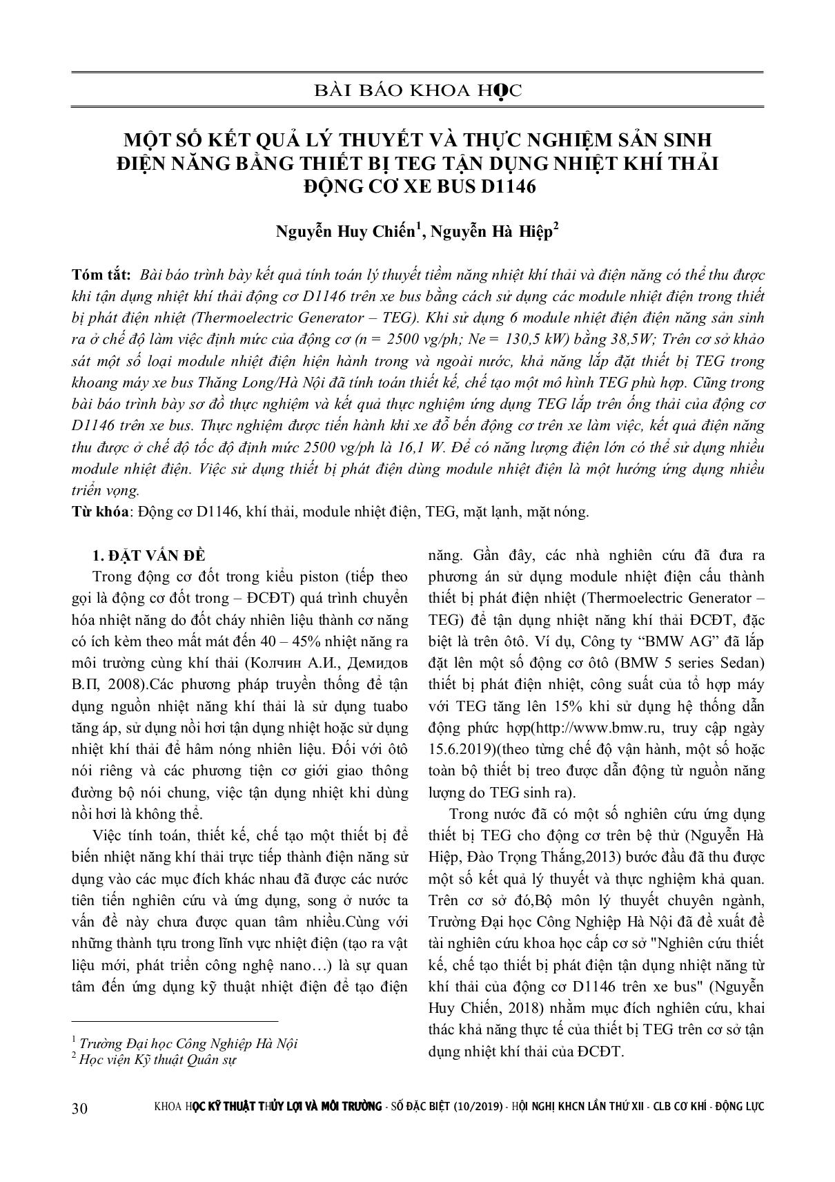 Một số kết quả lý thuyết và thực nghiệm sản sinh điện năng bằng thiết bị teg tận dụng nhiệt khí thải động cơ xe bus D1146 trang 1