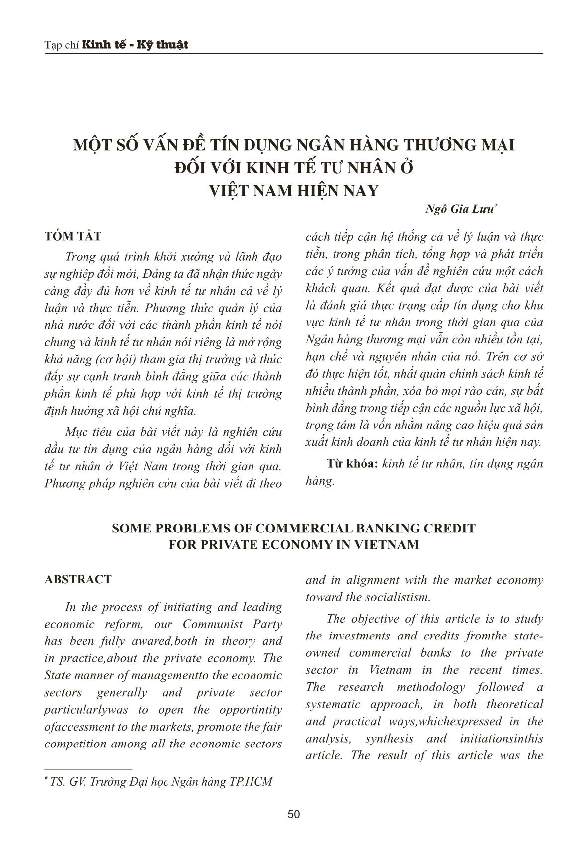 Một số vấn đề tín dụng ngân hàng thương mại đối với kinh tế tư nhân ở Việt Nam hiện nay trang 1