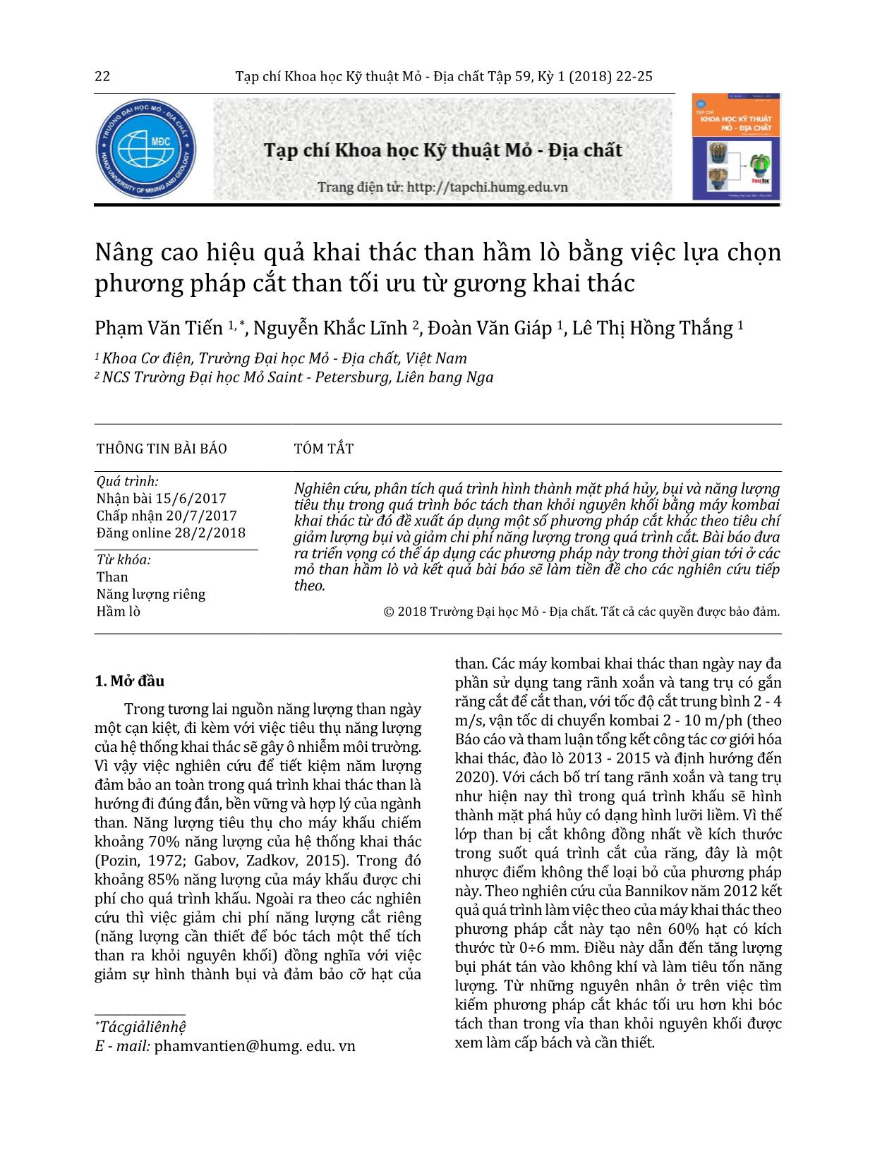 Nâng cao hiệu quả khai thác than hầm lò bằng việc lựa chọn phương pháp cắt than tối ưu từ gương khai thác trang 1