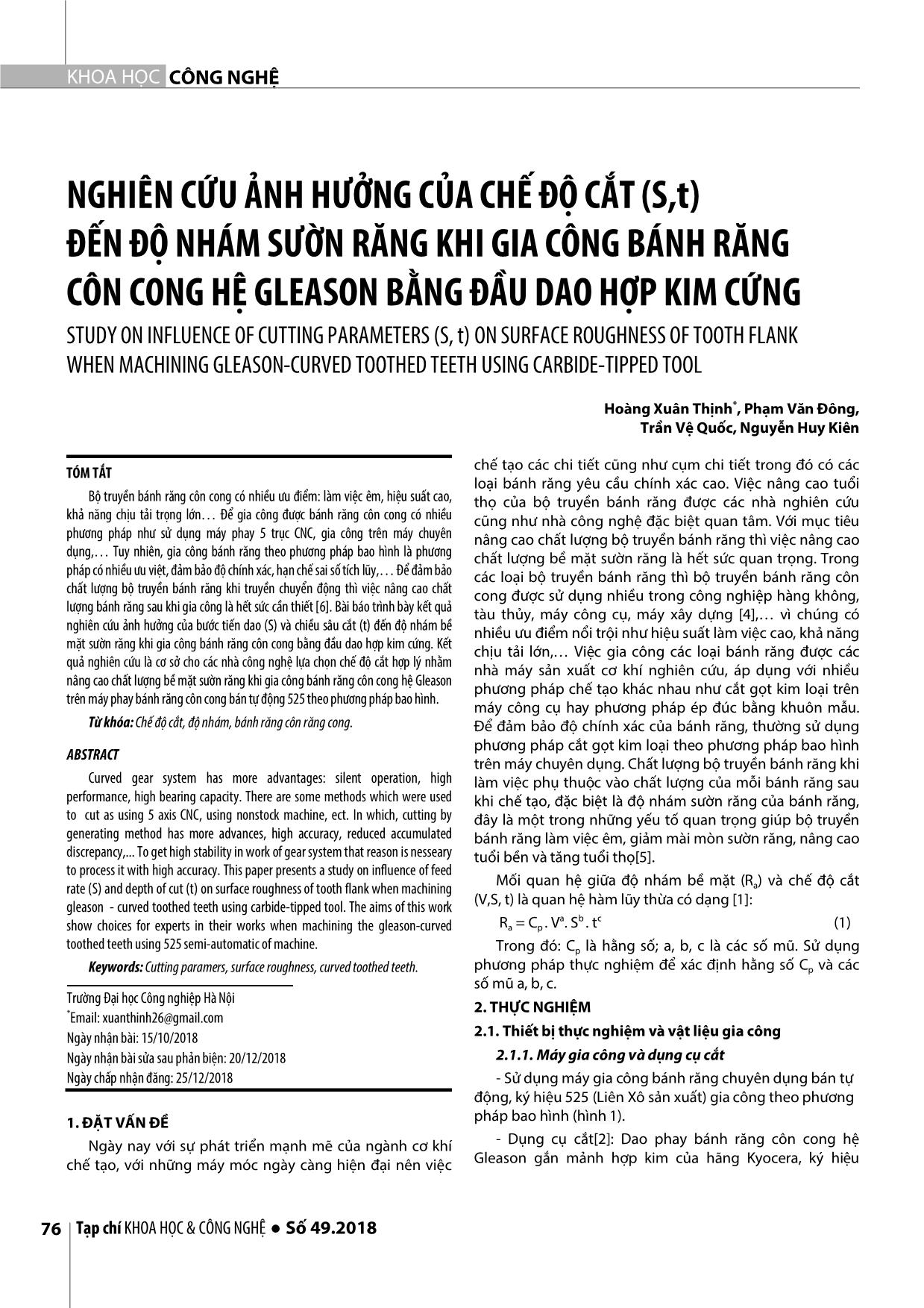 Nghiên cứu ảnh hưởng của chế độ cắt (S,T) đến độ nhám sườn răng khi gia công bánh răng côn cong hệ gleason bằng đầu dao hợp kim cứng trang 1