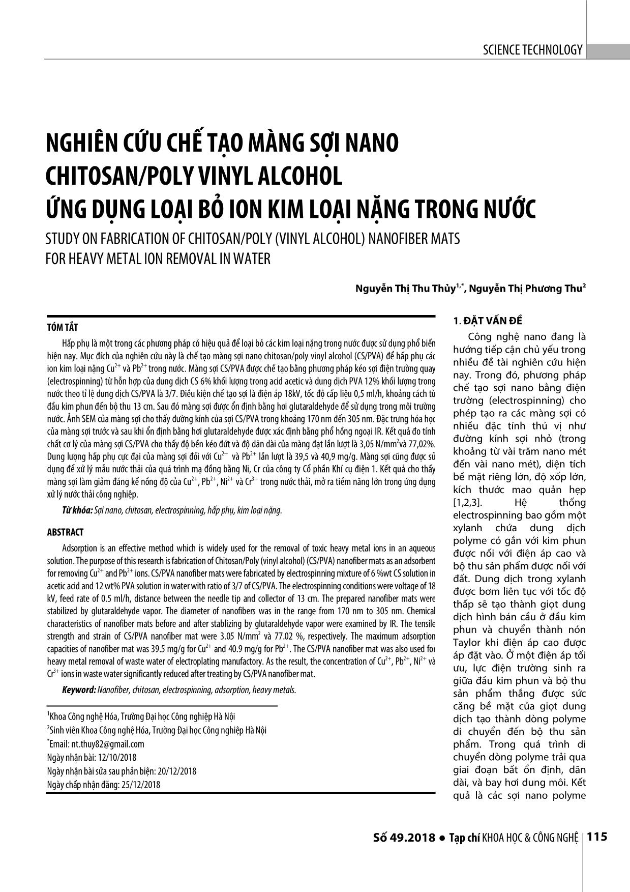 Nghiên cứu chế tạo màng sợi nano chitosan/poly vinyl alcohol ứng dụng loại bỏ ion kim loại nặng trong nước trang 1
