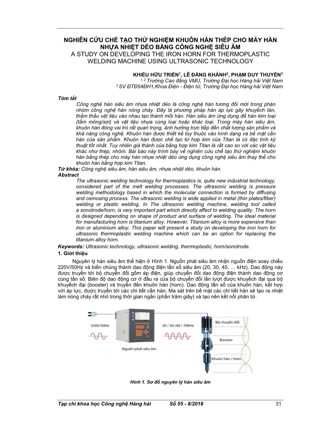 Nghiên cứu chế tạo thử nghiệm khuôn hàn thép cho máy hàn nhựa nhiệt dẻo bằng công nghệ siêu âm trang 1