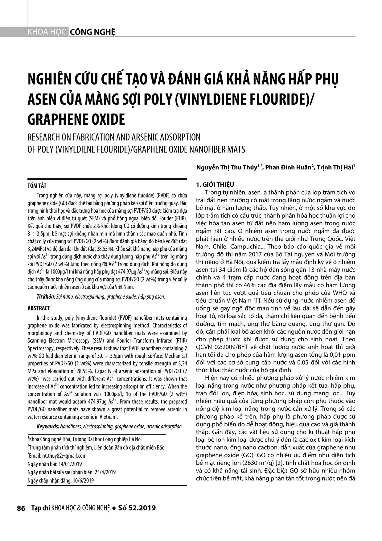 Nghiên cứu chế tạo và đánh giá khả năng hấp phụ asen của màng sợi poly (vinyldiene flouride)/ Graphene Oxide trang 1