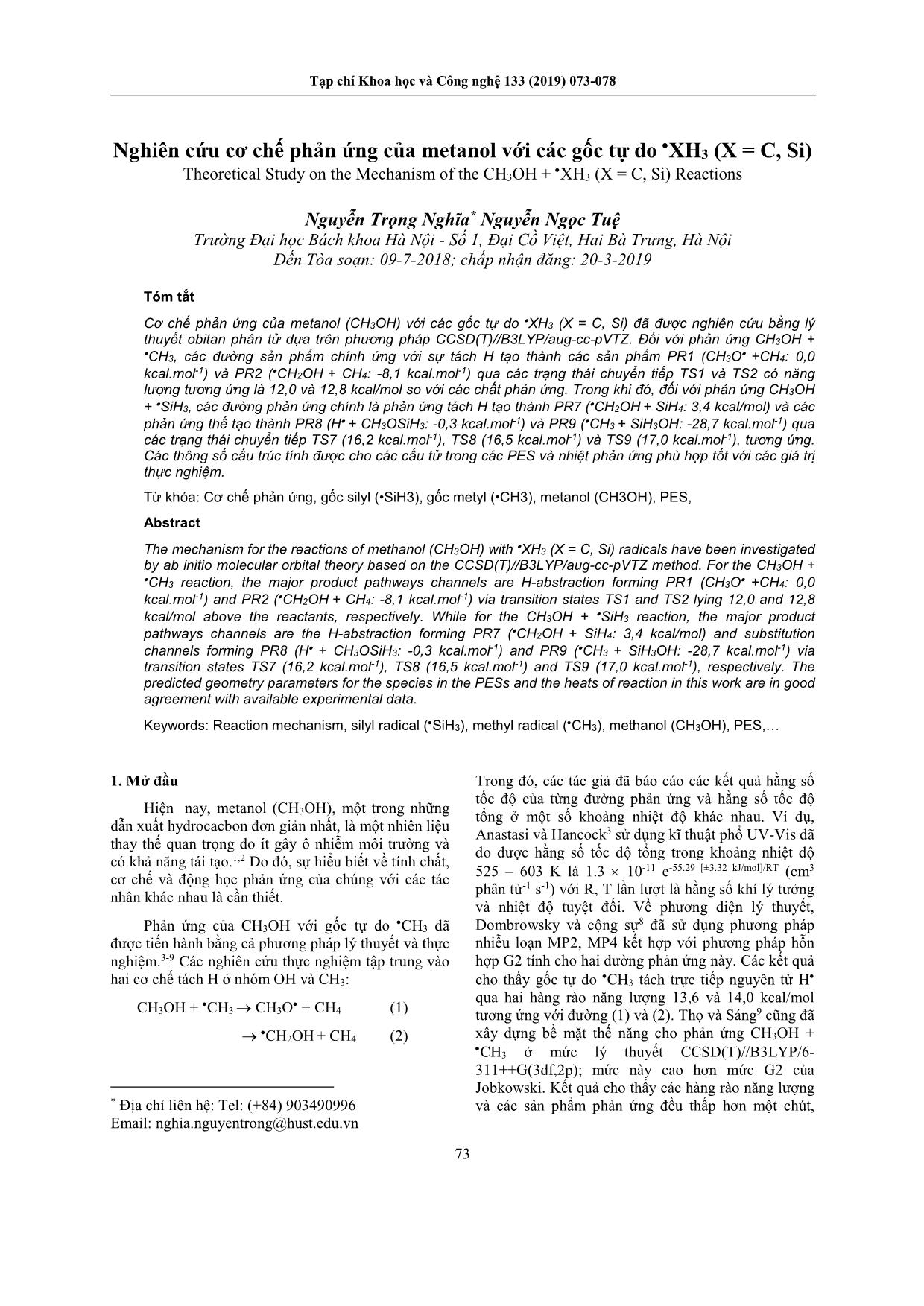 Nghiên cứu cơ chế phản ứng của metanol với các gốc tự do XH3 (X = C, Si) trang 1