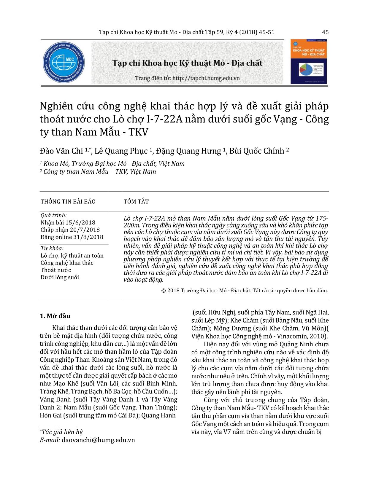 Nghiên cứu công nghệ khai thác hợp lý và đề xuất giải pháp thoát nước cho Lò chợ I-7-22A nằm dưới suối gốc Vạng - Công ty than Nam Mẫu - TKV trang 1