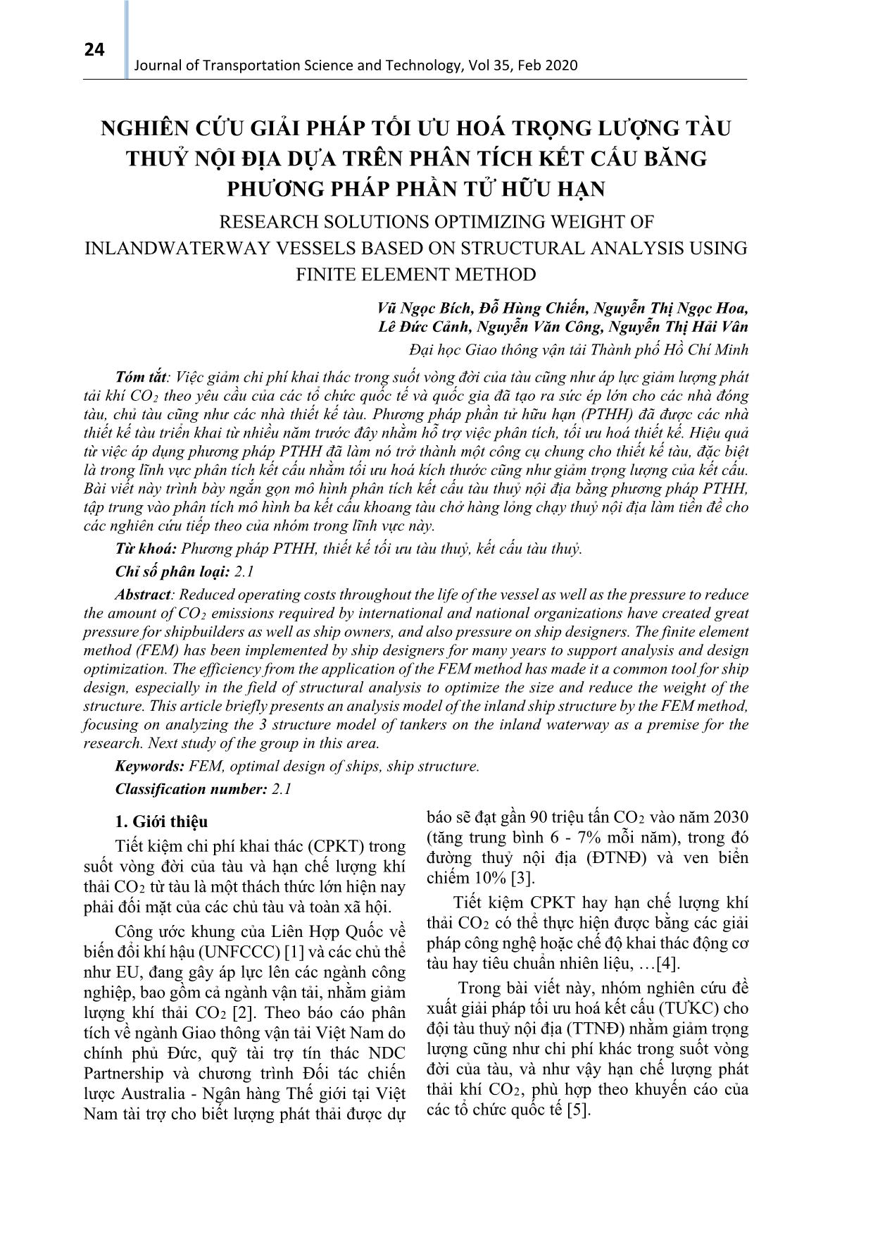 Nghiên cứu giải pháp tối ưu hoá trọng lượng tàu thuỷ nội địa dựa trên phân tích kết cấu băng phương pháp phần tử hữu hạn trang 1