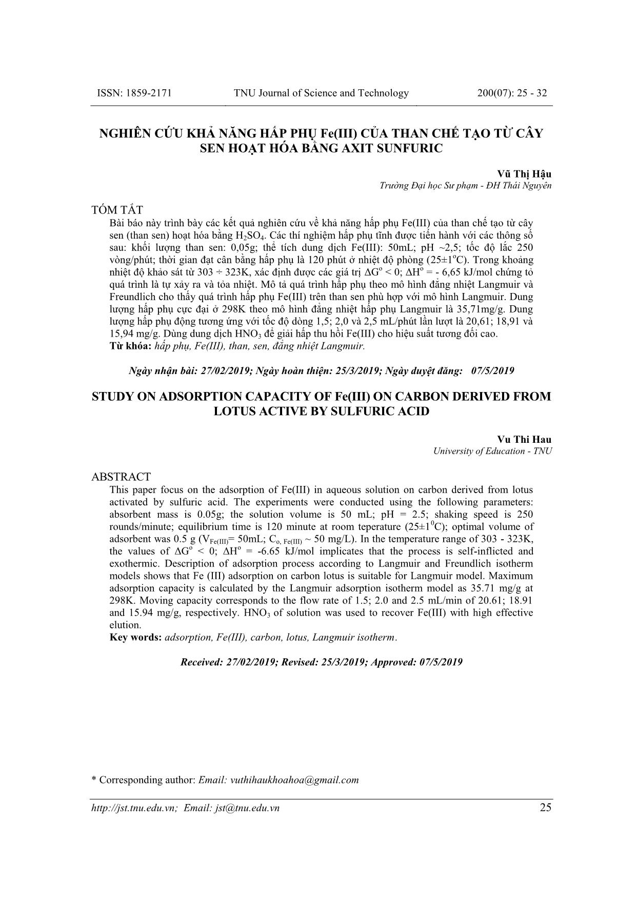 Nghiên cứu khả năng hấp phụ Fe(III) của than chế tạo từ cây sen hoạt hóa bằng Axit Sunfuric trang 1