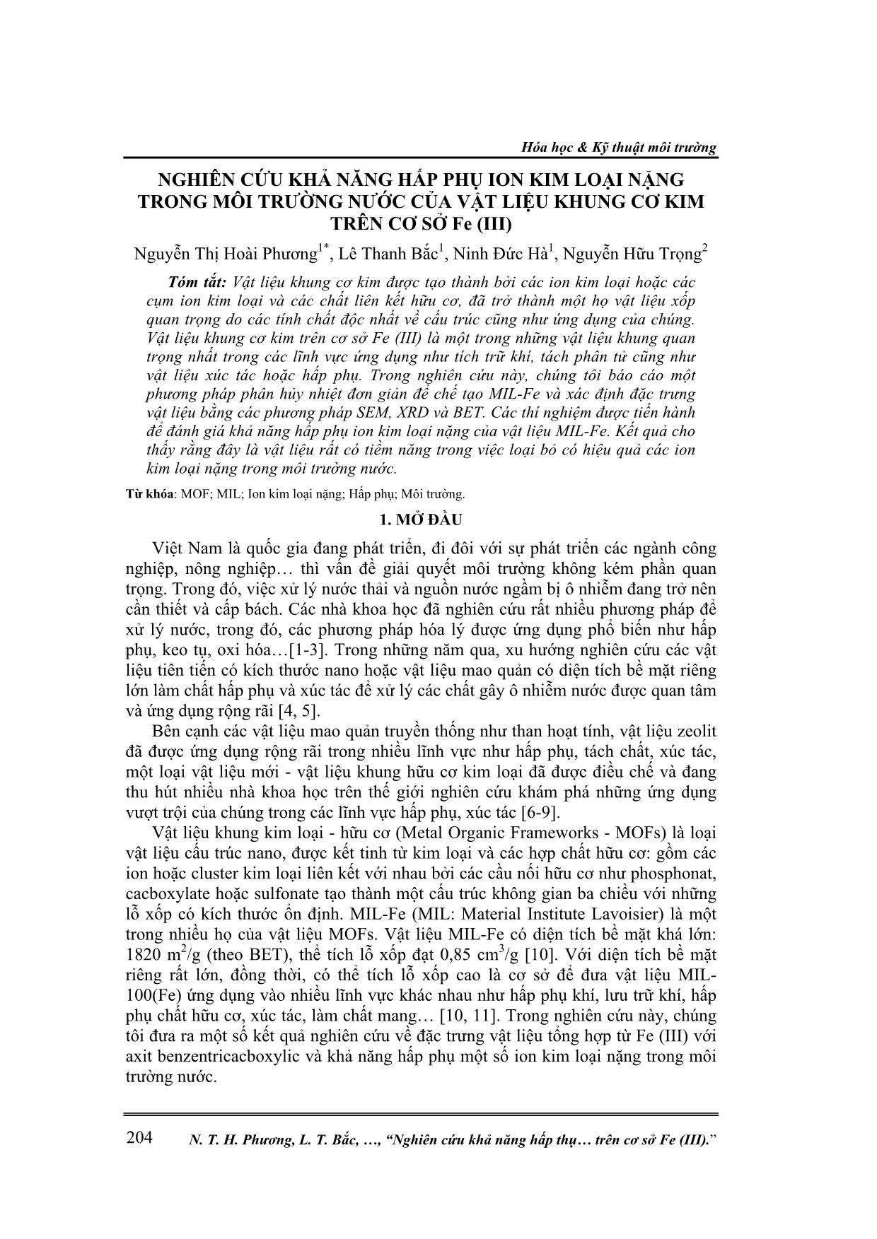 Nghiên cứu khả năng hấp phụ ion kim loại nặng trong môi trường nước của vật liệu khung cơ kim trên cơ sở Fe (III) trang 1