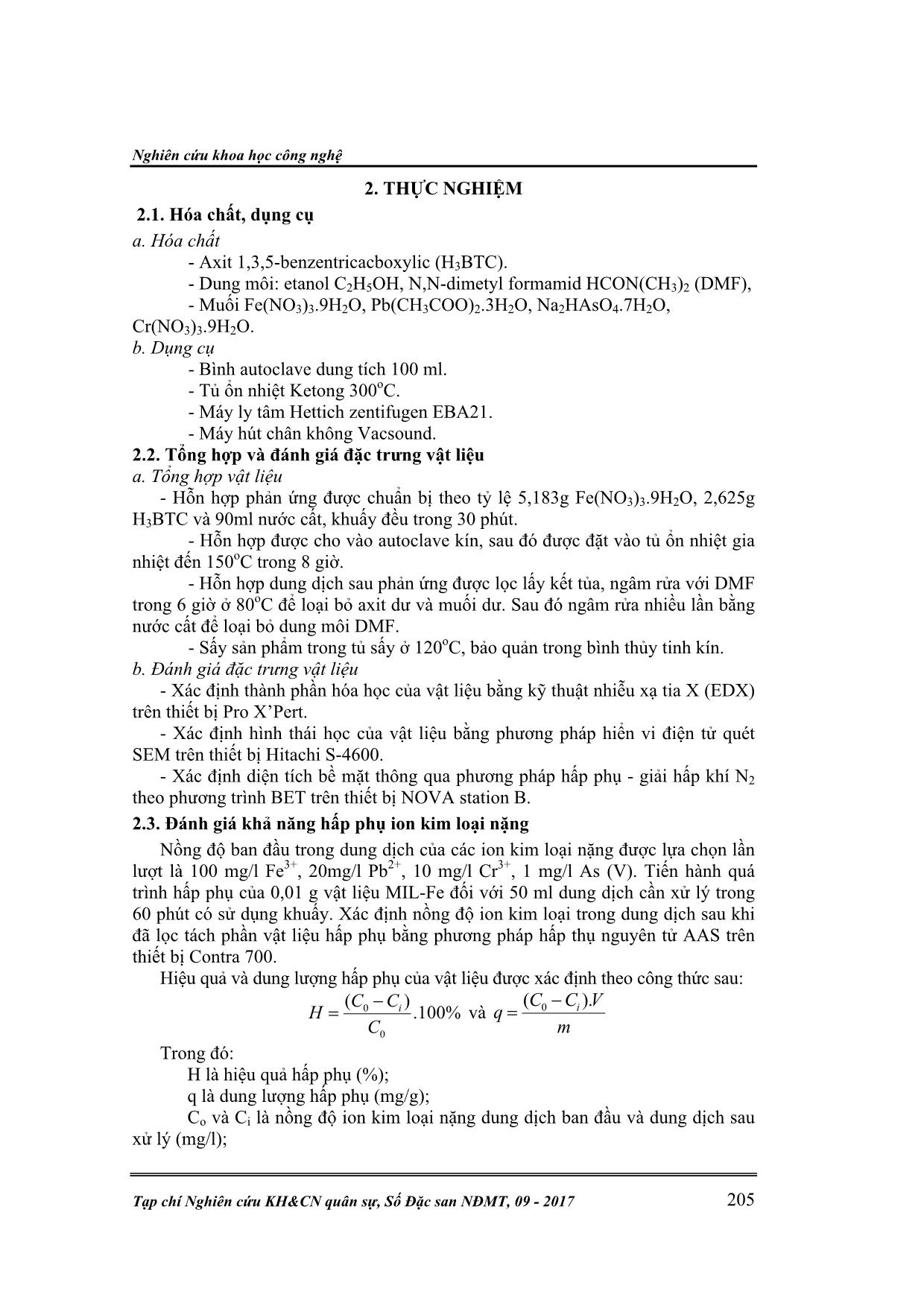 Nghiên cứu khả năng hấp phụ ion kim loại nặng trong môi trường nước của vật liệu khung cơ kim trên cơ sở Fe (III) trang 2