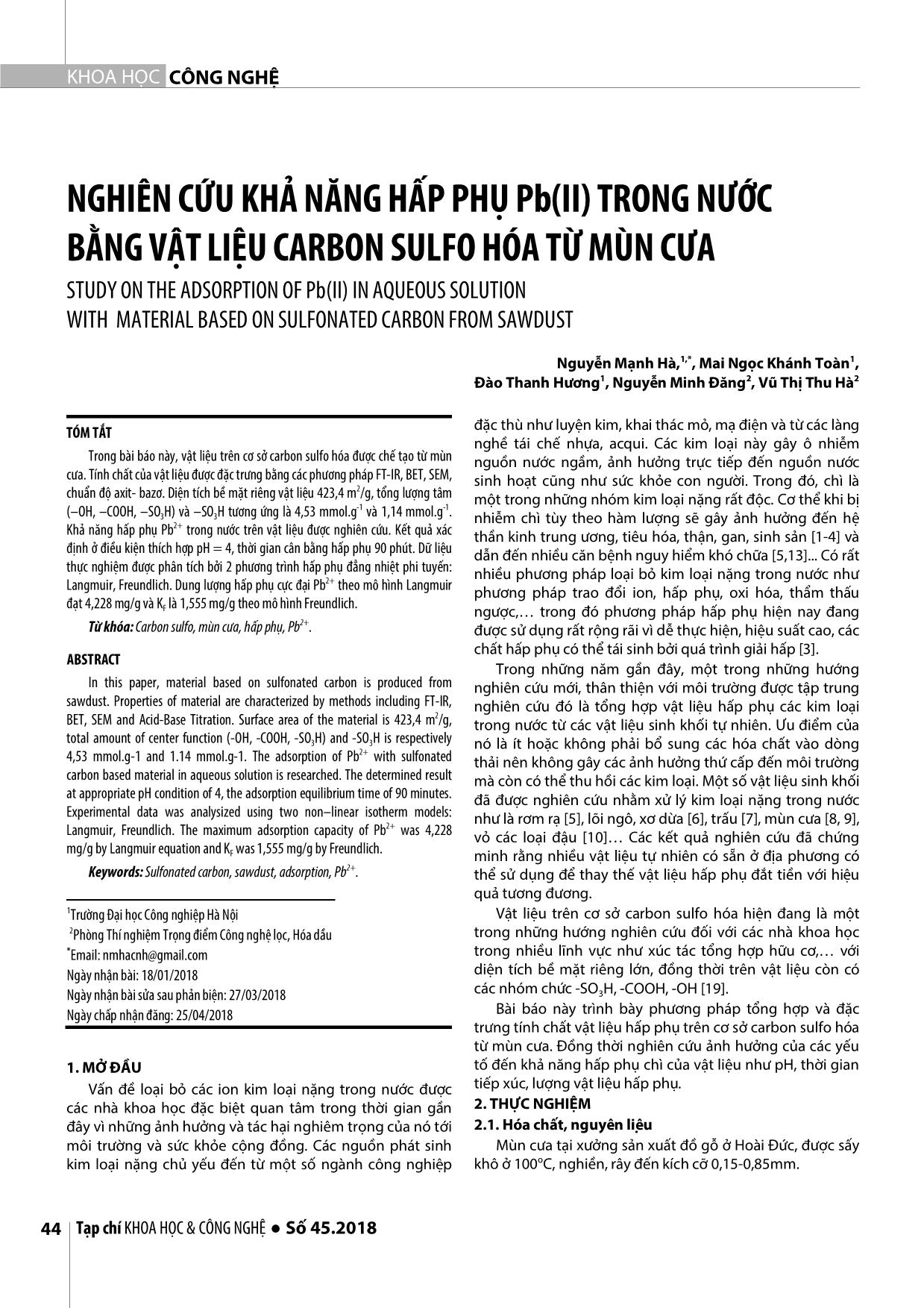 Nghiên cứu khả năng hấp phụ Pb(II) trong nước bằng vật liệu carbon sulfo hóa từ mùn cưa trang 1