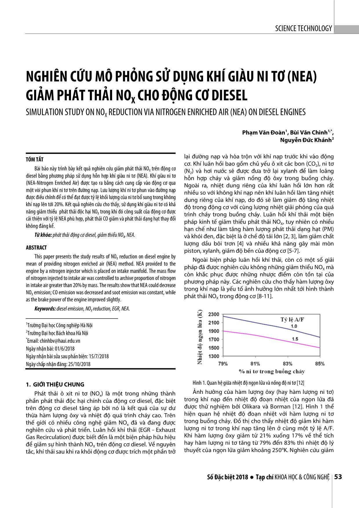 Nghiên cứu mô phỏng sử dụng khí giàu ni tơ (nea) giảm phát thải nox cho động cơ diesel trang 1