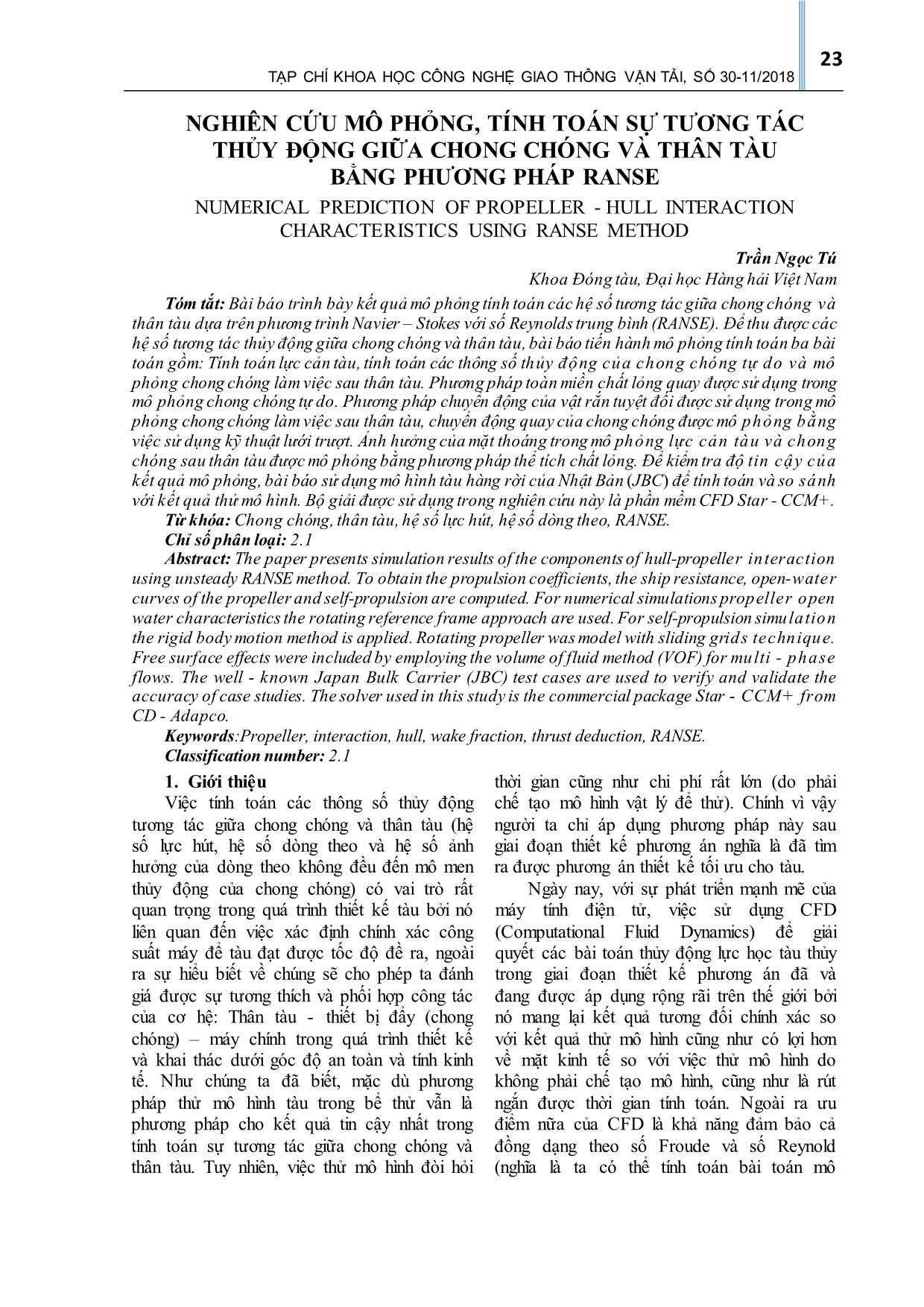 Nghiên cứu mô phỏng, tính toán sự tương tác thủy động giữa chong chóng và thân tàu bằng phương pháp Ranse trang 1