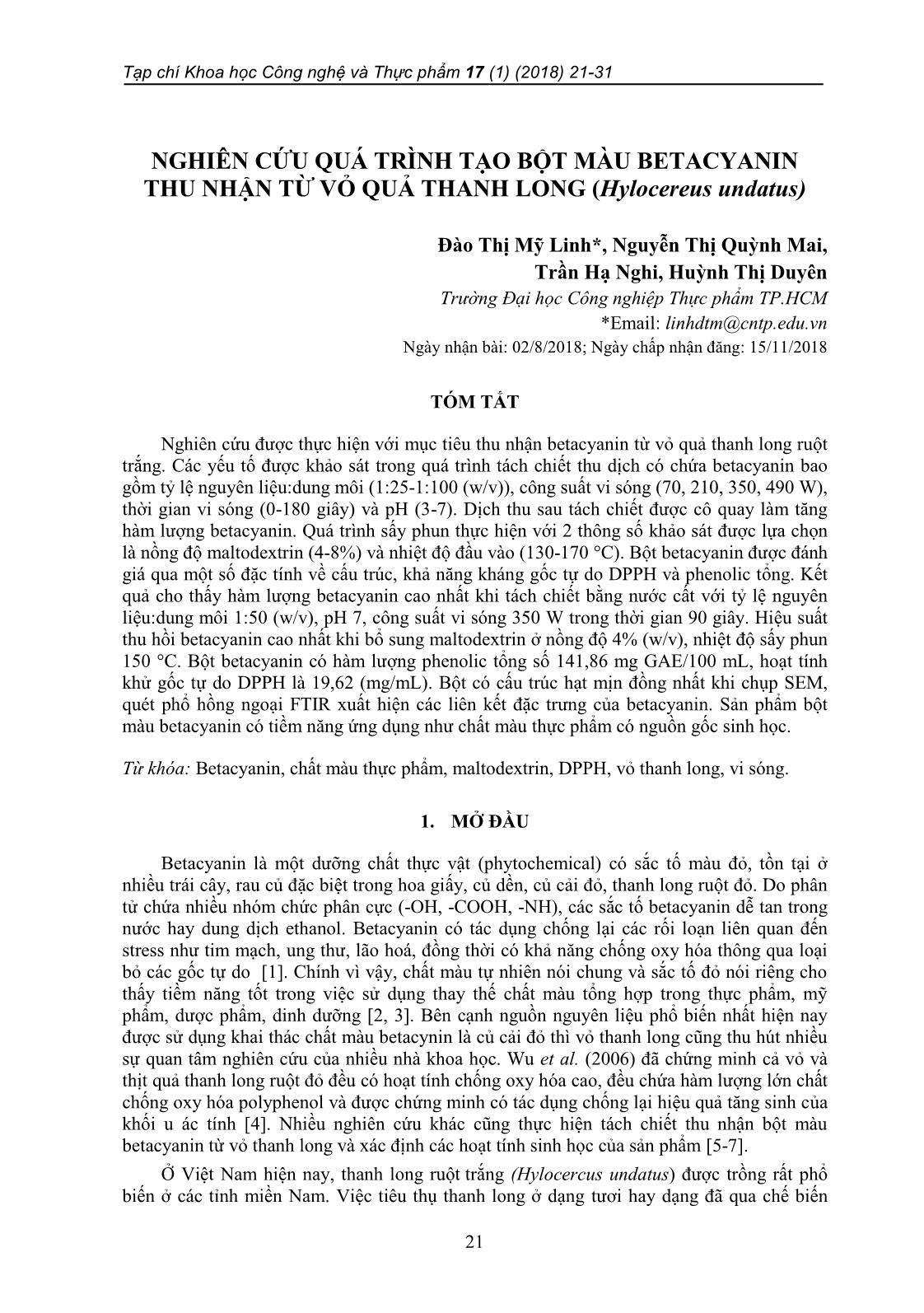 Nghiên cứu quá trình tạo bột màu betacyanin thu nhận từ vỏ quả thanh long (hylocereus undatus) trang 1
