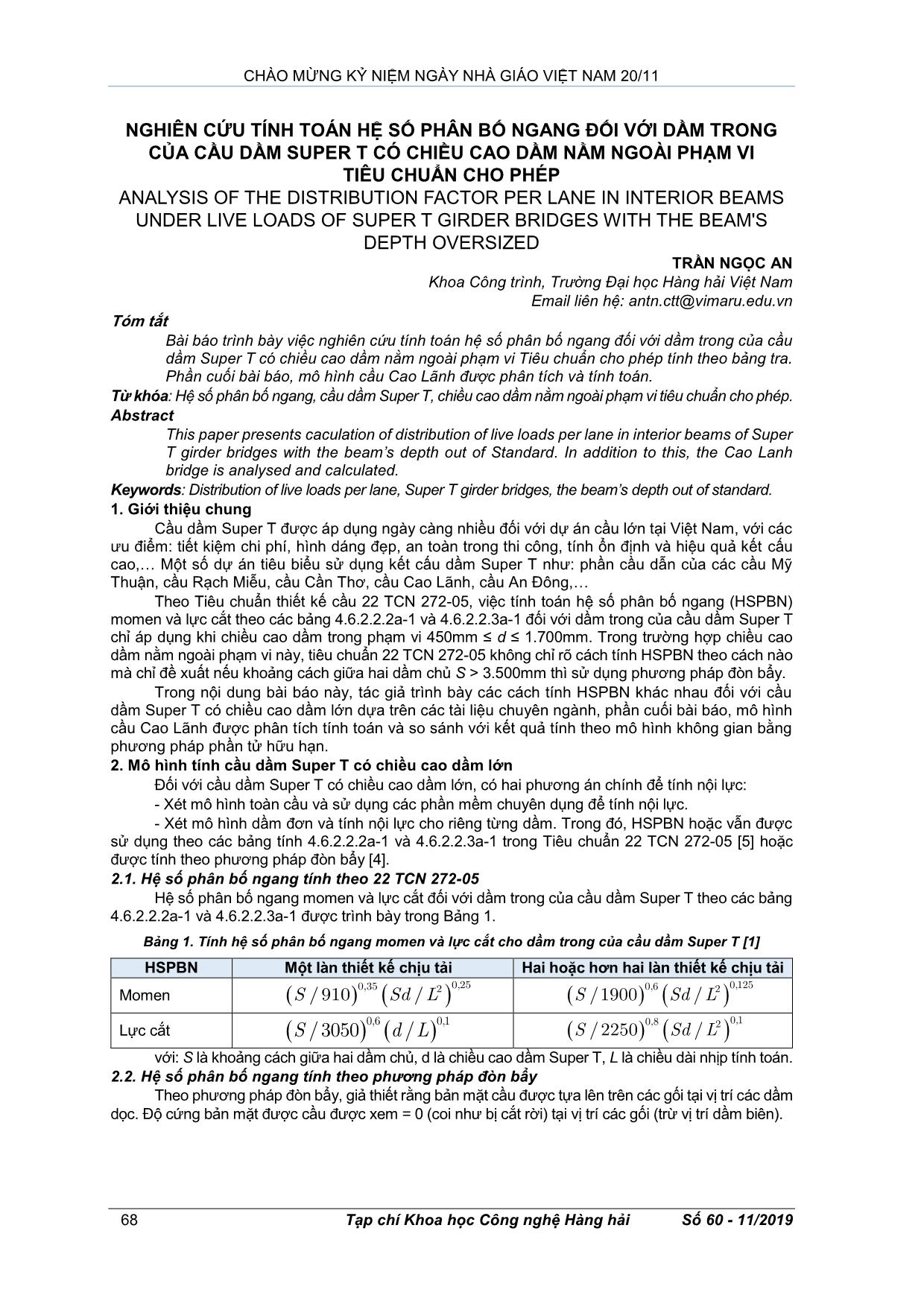 Nghiên cứu tính toán hệ số phân bố ngang đối với dầm trong của cầu dầm super t có chiều cao dầm nằm ngoài phạm vi tiêu chuẩn cho phép trang 1