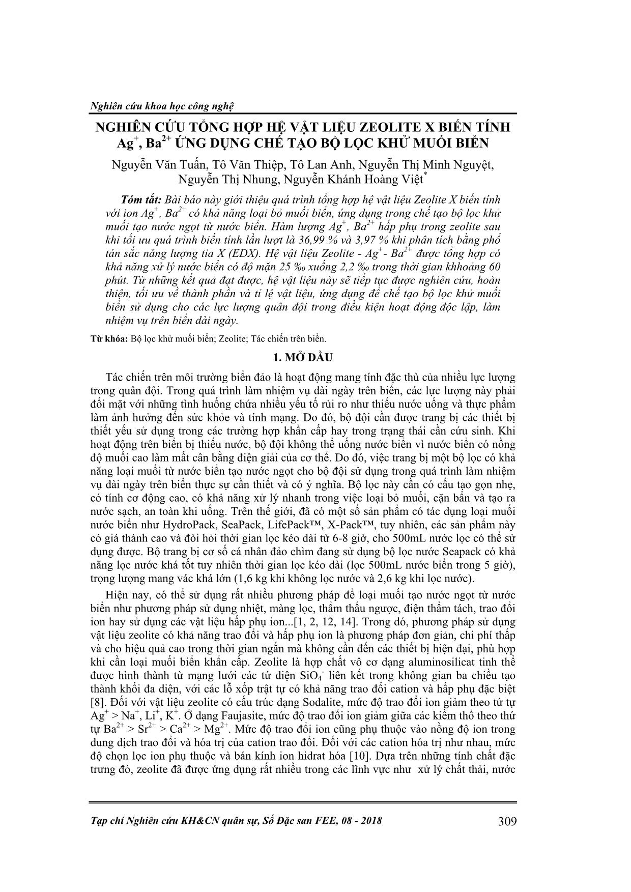 Nghiên cứu tổng hợp hệ vật liệu zeolite x biến tính Ag+, Ba2+ ứng dụng chế tạo bộ lọc khử muối biển trang 1