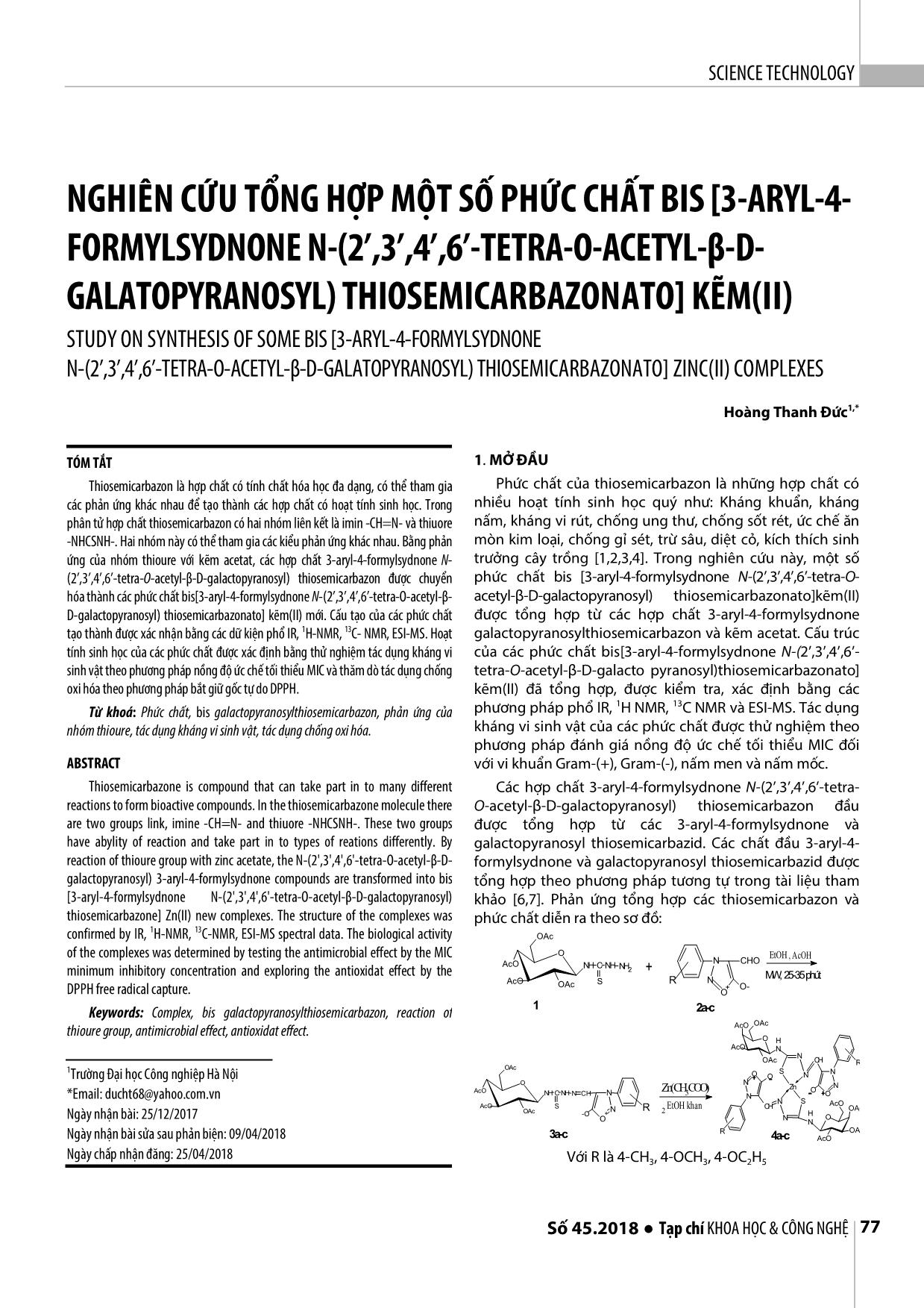 Nghiên cứu tổng hợp một số phức chất bis [3-Aryl-4- formylsydnone n-(2’,3’,4’,6’-tetra-o-acetyl-β-dgalatopyranosyl) thiosemicarbazonato] kẽm(II) trang 1