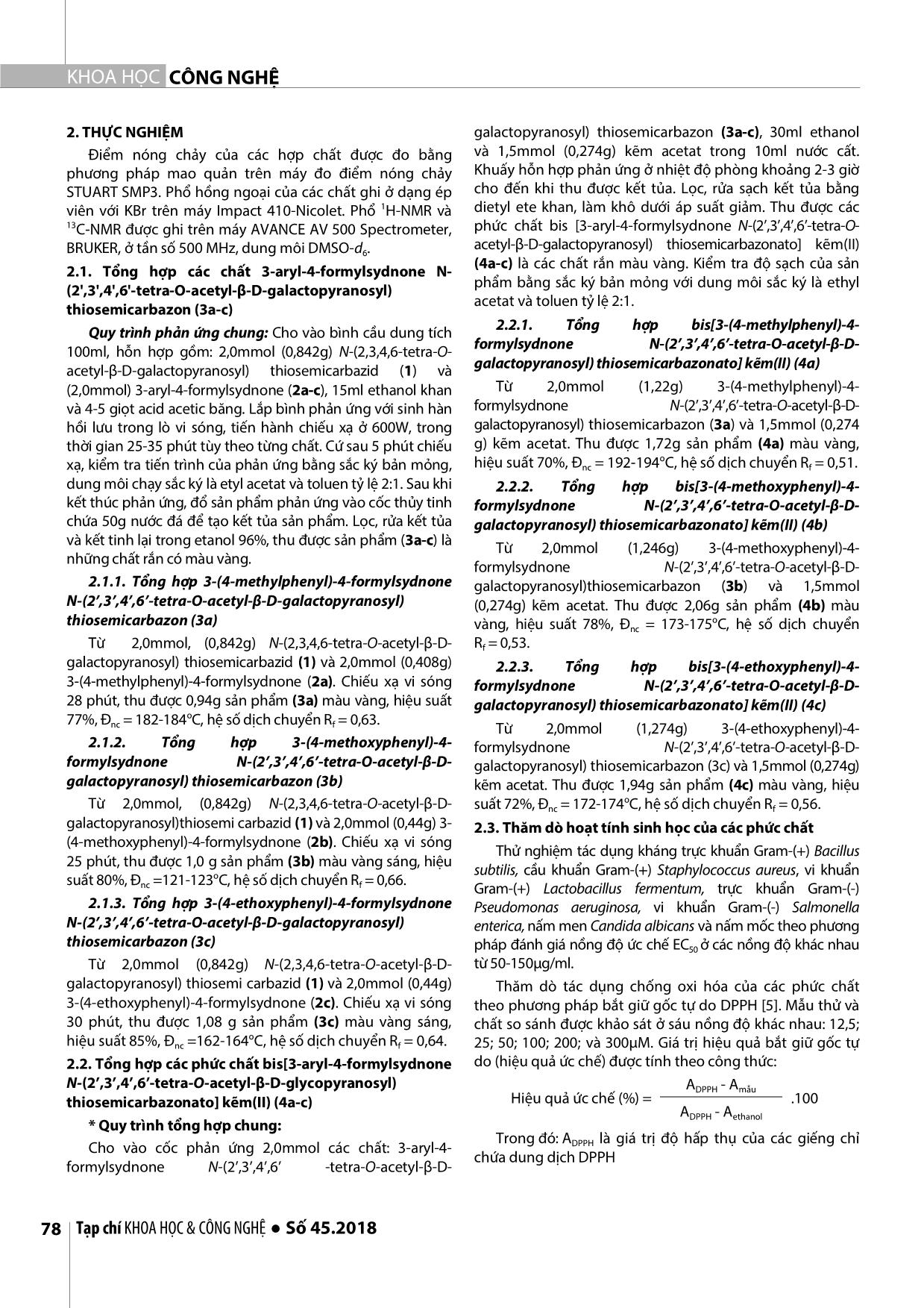 Nghiên cứu tổng hợp một số phức chất bis [3-Aryl-4- formylsydnone n-(2’,3’,4’,6’-tetra-o-acetyl-β-dgalatopyranosyl) thiosemicarbazonato] kẽm(II) trang 2