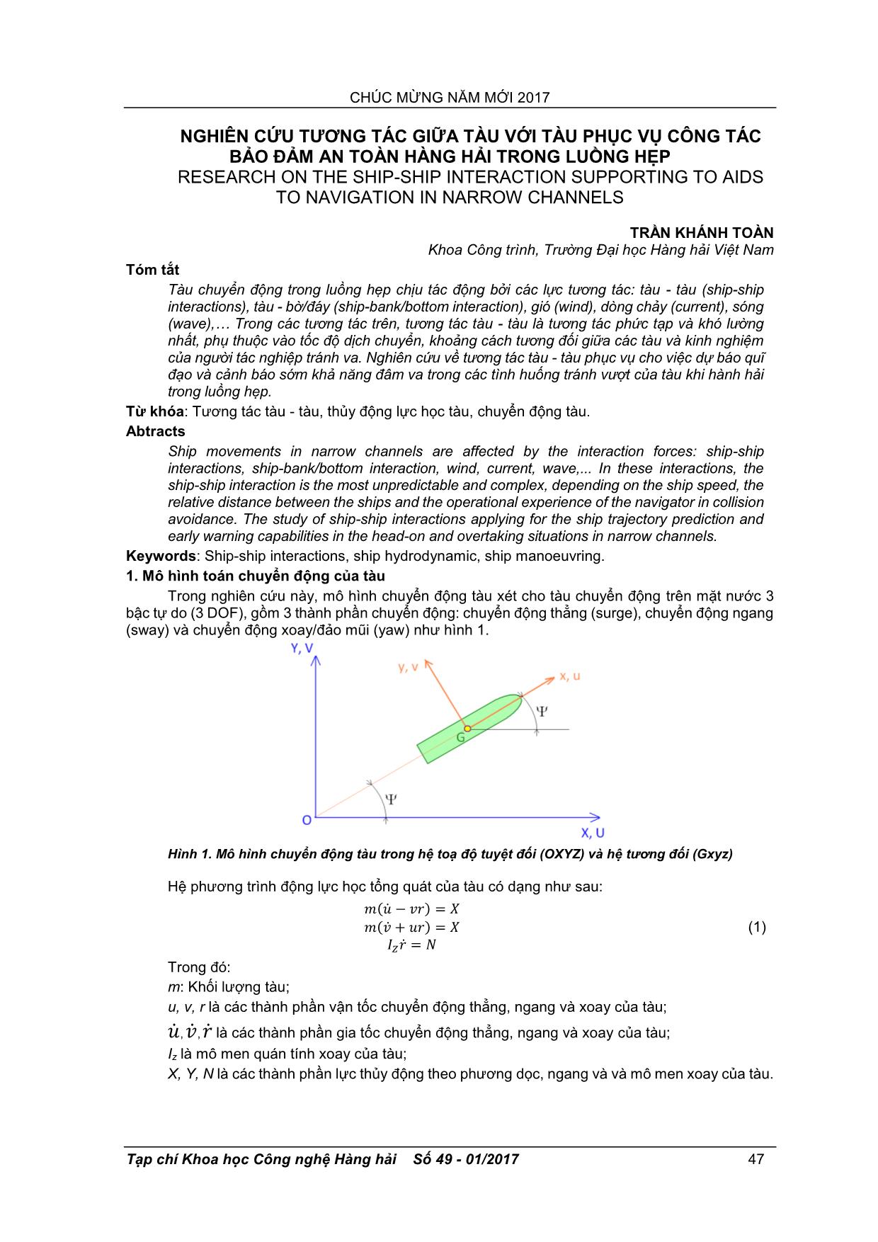 Nghiên cứu tương tác giữa tàu với tàu phục vụ công tác bảo đảm an toàn hàng hải trong luồng hẹp trang 1