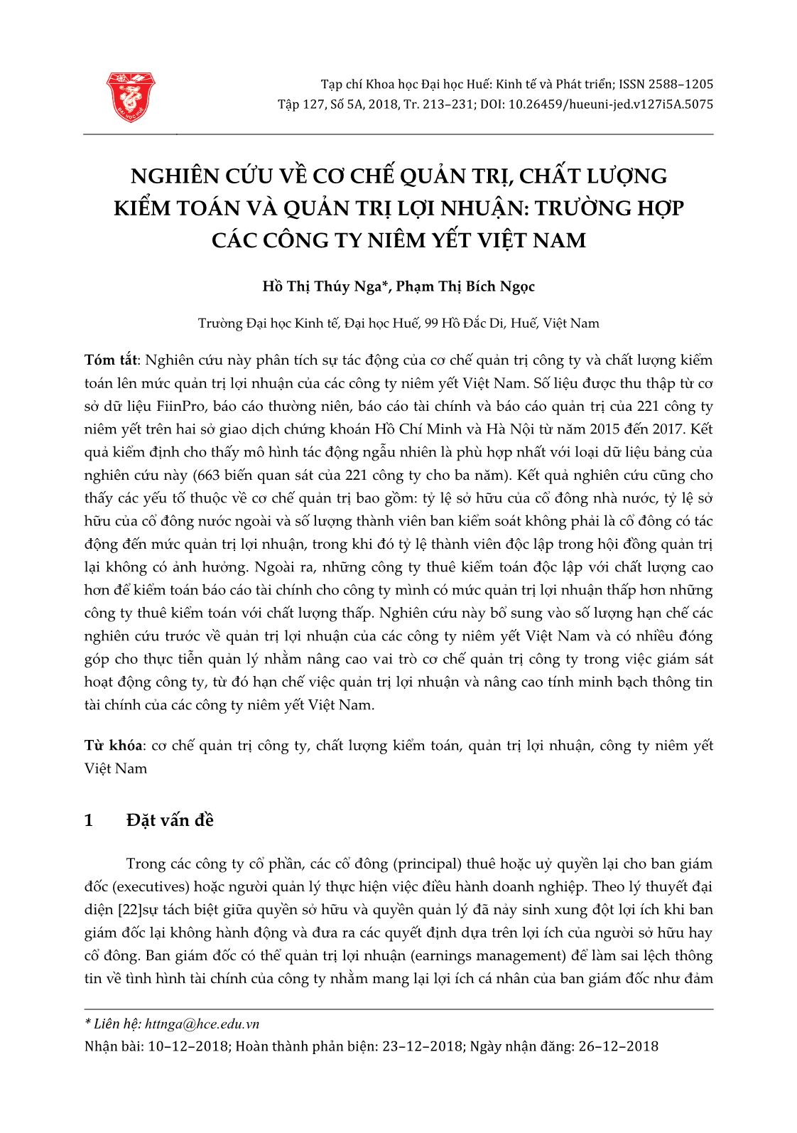 Nghiên cứu về cơ chế quản trị, chất lượng kiểm toán và quản trị lợi nhuận: Trường hợp các công ty niêm yết Việt Nam trang 1
