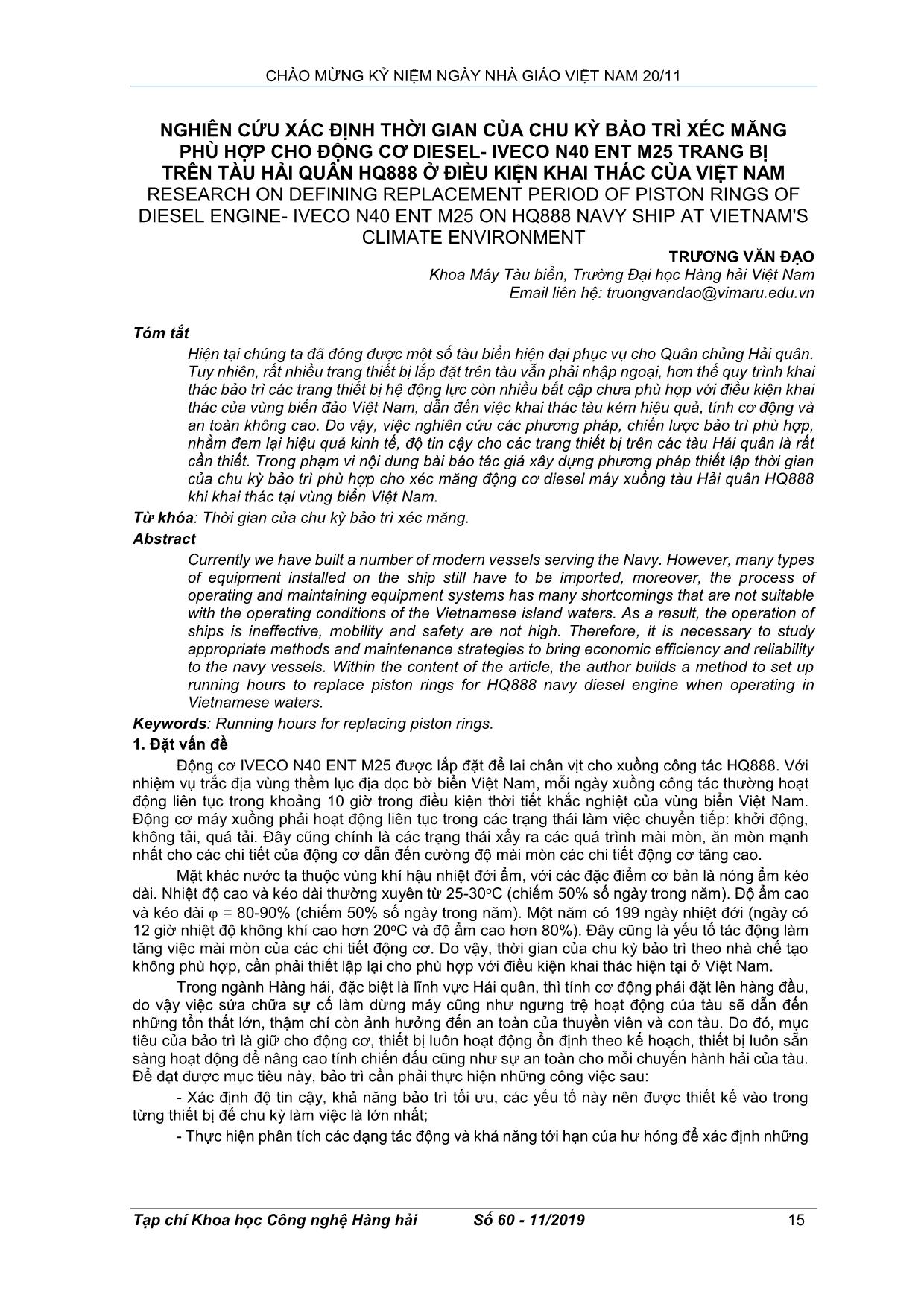 Nghiên cứu xác định thời gian của chu kỳ bảo trì xéc măng phù hợp cho động cơ diesel- Iveco n40 ent m25 trang bị trên tàu hải quân HQ888 ở điều kiện khai thác của Việt Nam trang 1