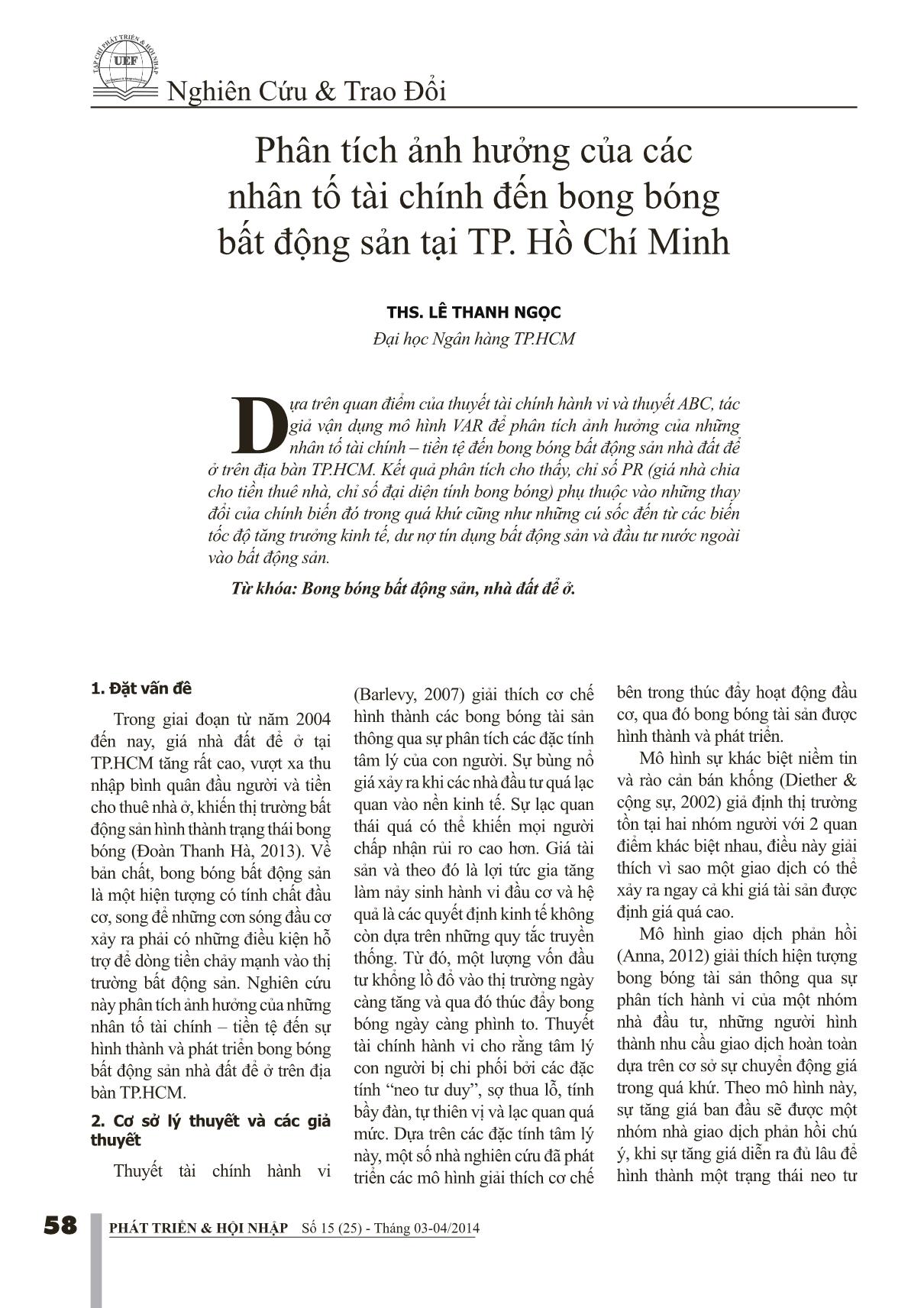 Phân tích ảnh hưởng của các nhân tố tài chính đến bong bóng bất động sản tại thành phố Hồ Chí Minh trang 1