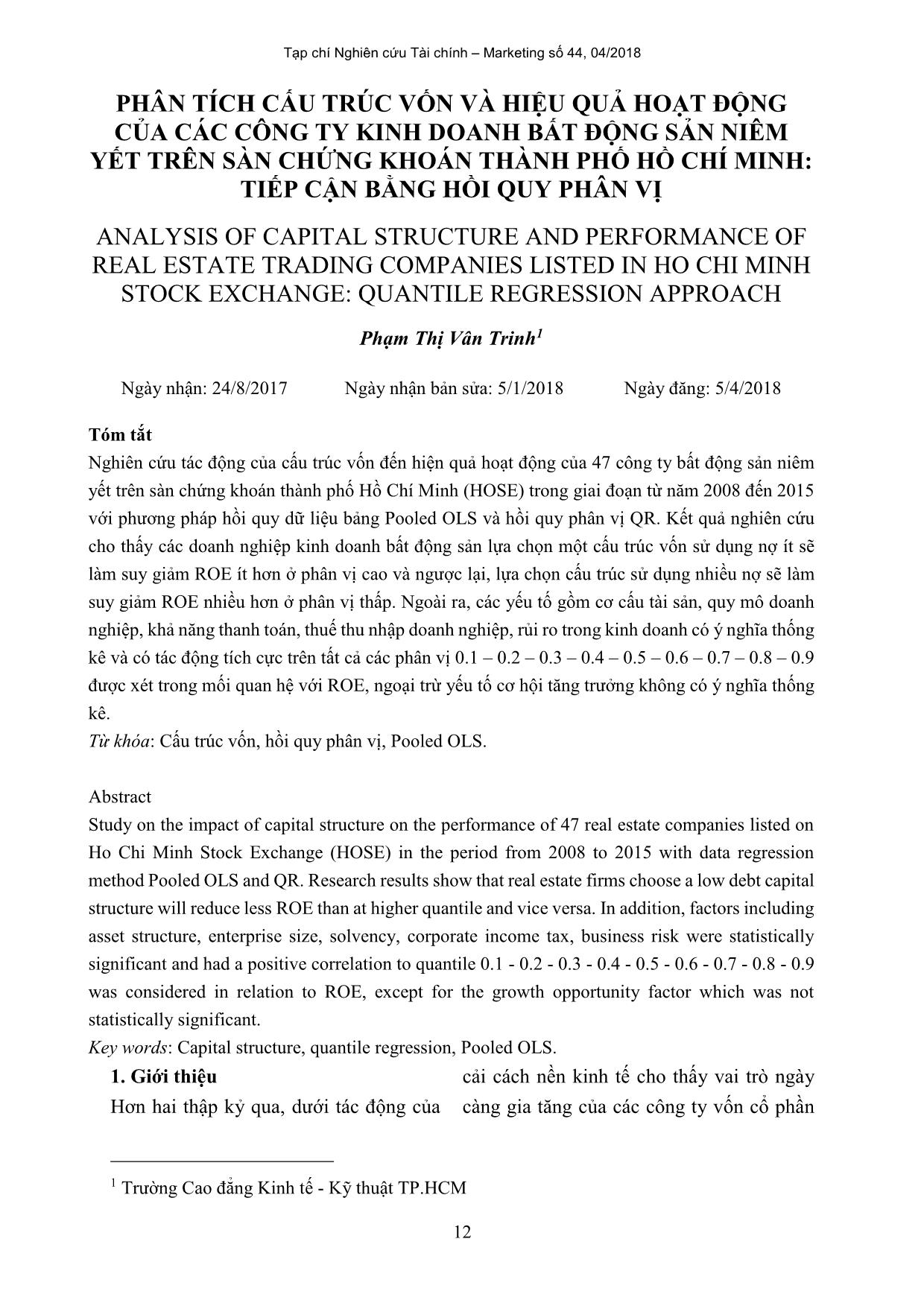 Phân tích cấu trúc vốn và hiệu quả hoạt động của các công ty kinh doanh bất động sản niêm yết trên sàn chứng khoán thành phố Hồ Chí Minh: Tiếp cận bằng hồi quy phân vị trang 1