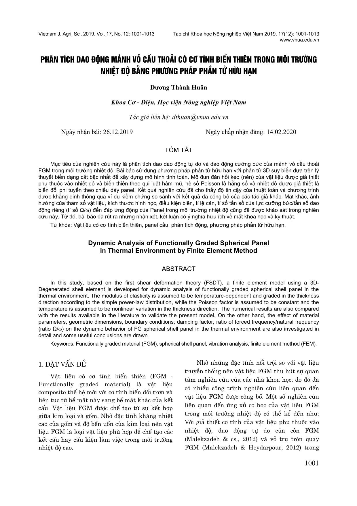 Phân tích dao động mảnh vỏ cầu thoải có cơ tính biến thiên trong môi trường nhiệt độ bằng phương pháp phần tử hữu hạn trang 1