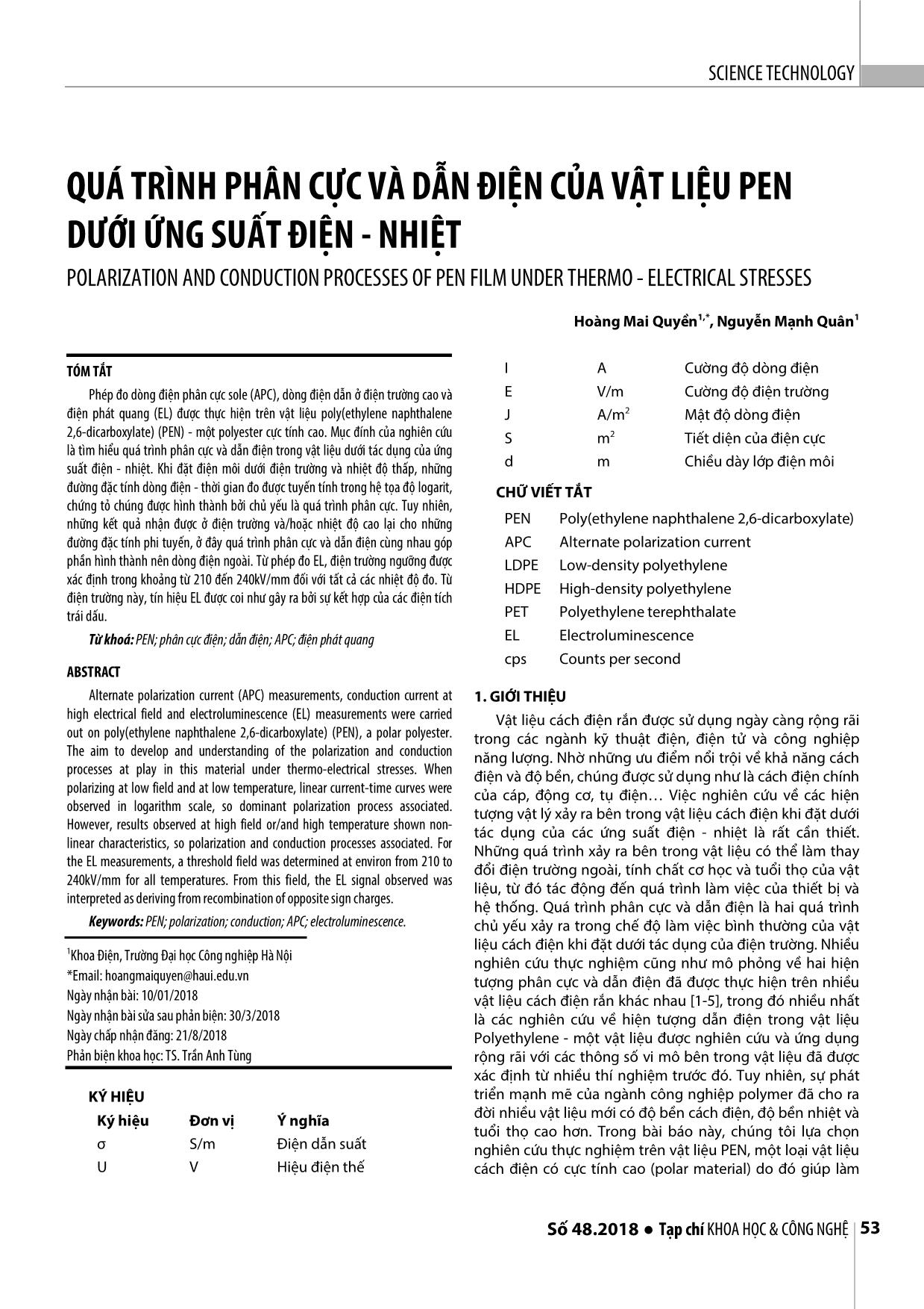 Quá trình phân cực và dẫn điện của vật liệu pen dưới ứng suất điện - nhiệt trang 1