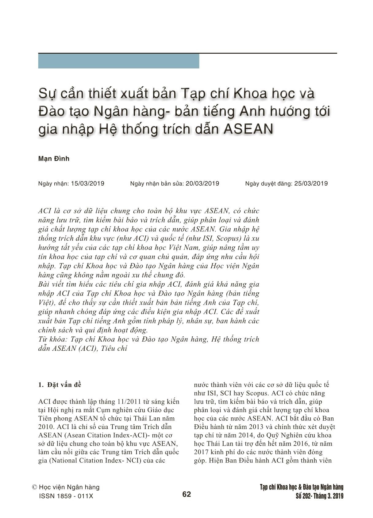 Sự cần thiết xuất bản Tạp chí Khoa học và Đào tạo Ngân hàng-  bản tiếng Anh hướng tới gia nhập hệ thống trích dẫn Asean trang 1