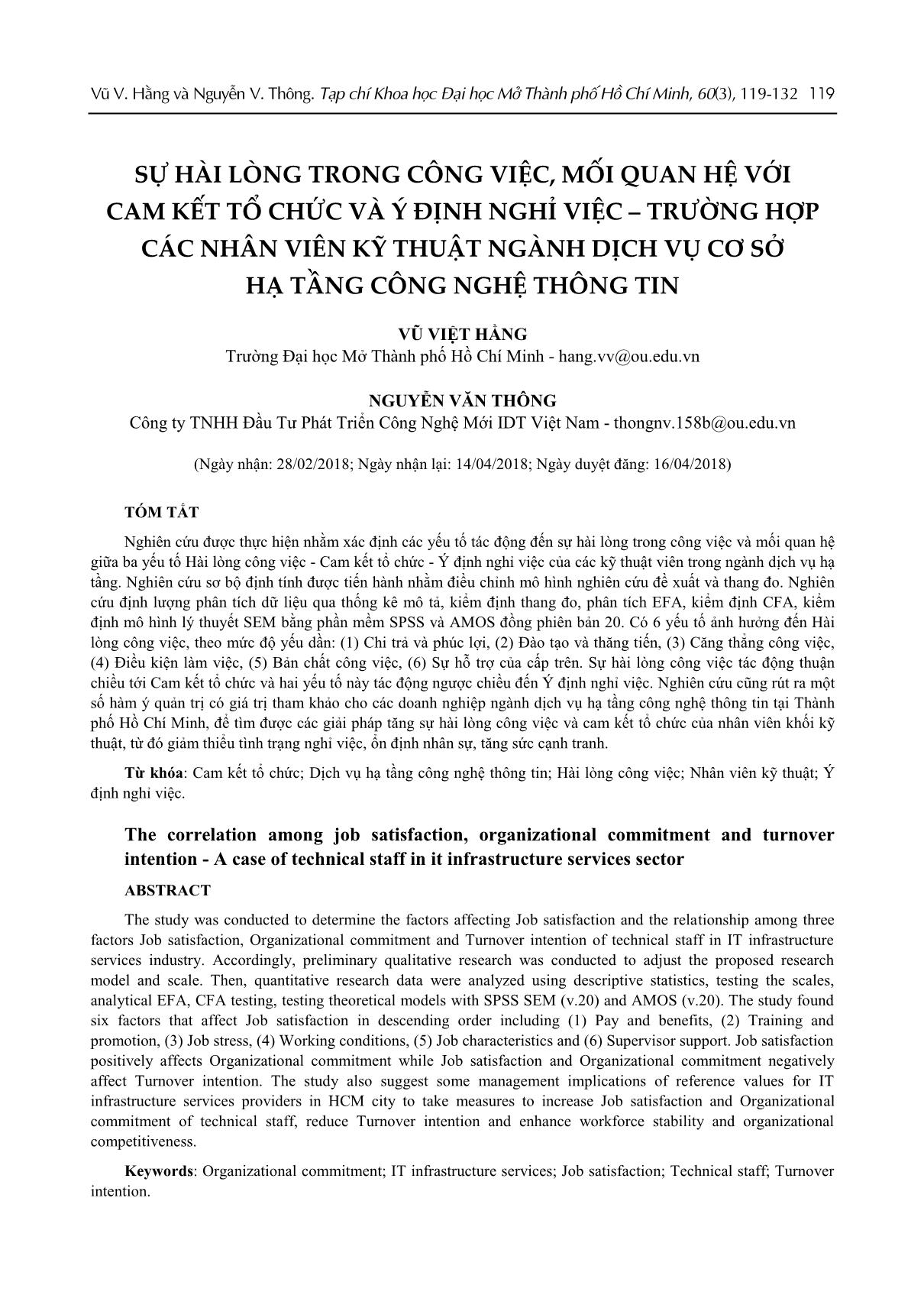 Sự hài lòng trong công việc, mối quan hệ với cam kết tổ chức và ý định nghỉ việc – trường hợp các nhân viên kỹ thuật ngành dịch vụ cơ sở hạ tầng công nghệ thông tin trang 1