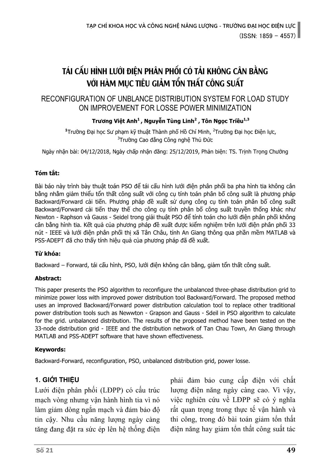 Tái cấu hình lưới điện phân phối có tải không cân bằng với hàm mục tiêu giảm tổn thất công suất trang 1