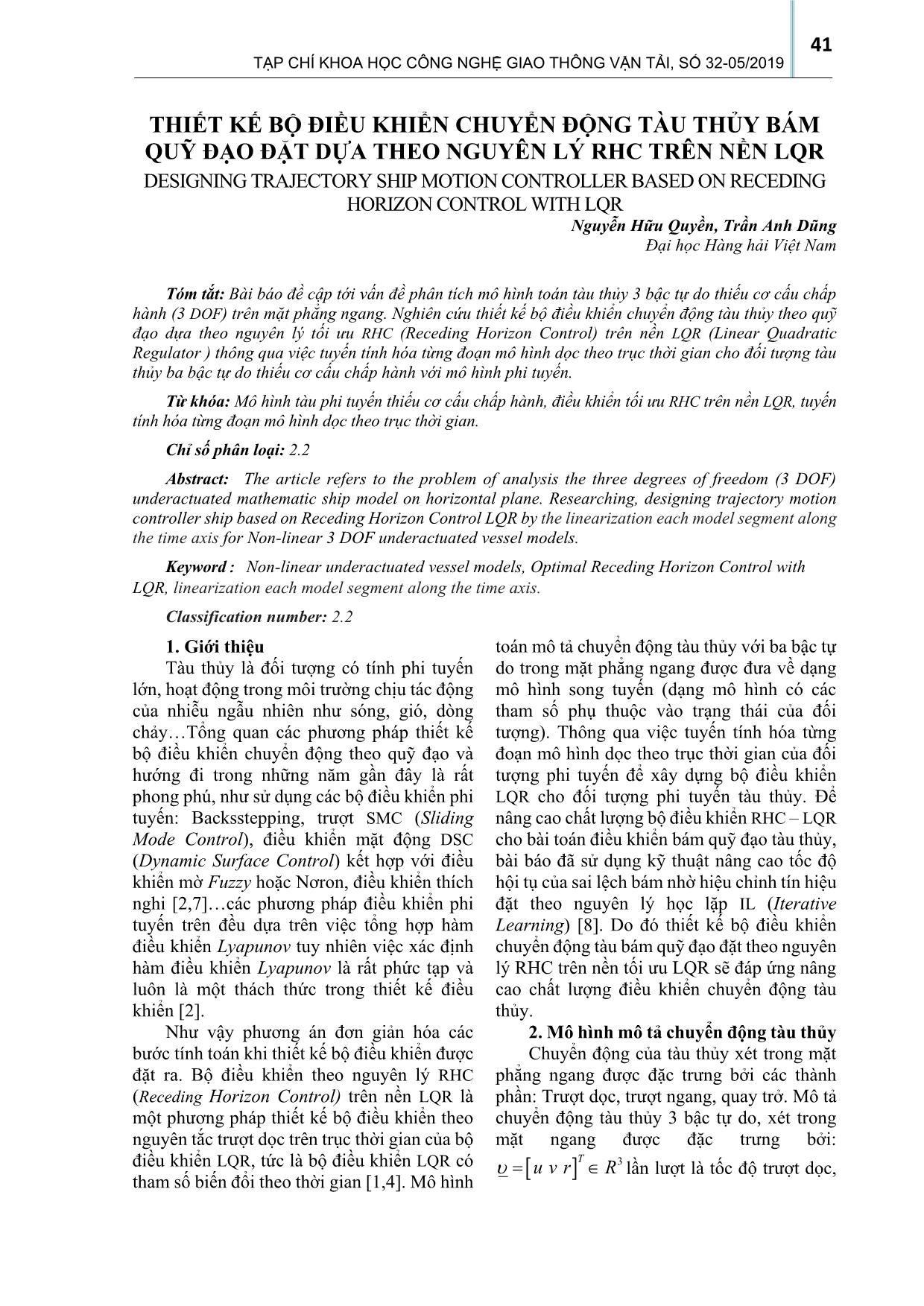 Thiết kế bộ điều khiển chuyển động tàu thủy bám quỹ đạo đặt dựa theo nguyên lý rhc trên nền lqr trang 1