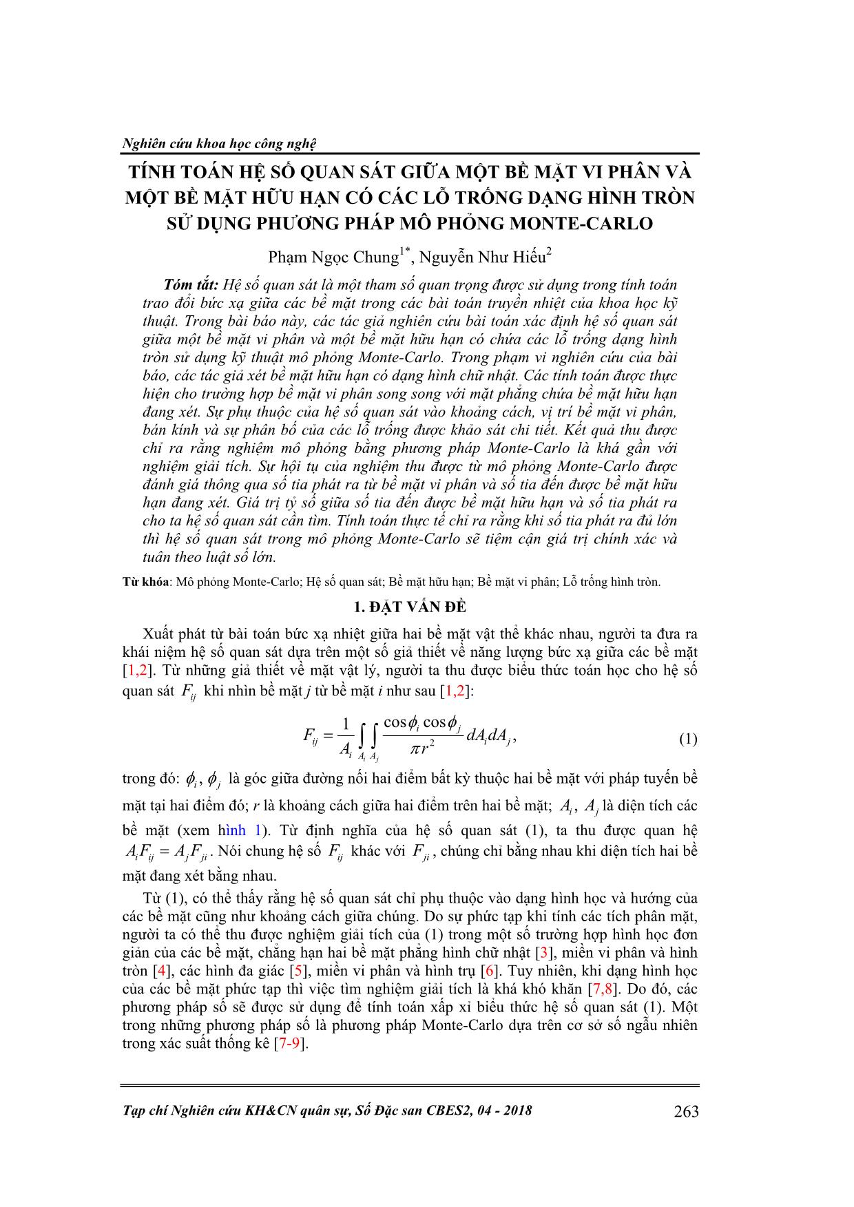 Tính toán hệ số quan sát giữa một bề mặt vi phân và một bề mặt hữu hạn có các lỗ trống dạng hình tròn sử dụng phương pháp mô phỏng Monte-Carlo trang 1