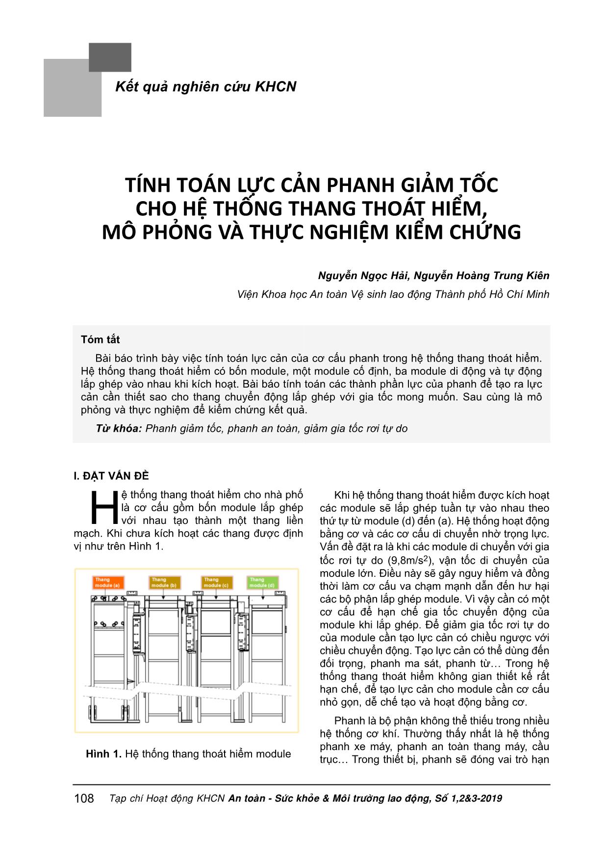 Tính toán lực cản phanh giảm tốc cho hệ thống thang thoát hiểm, mô phỏng và thực nghiệm kiểm chứng trang 1