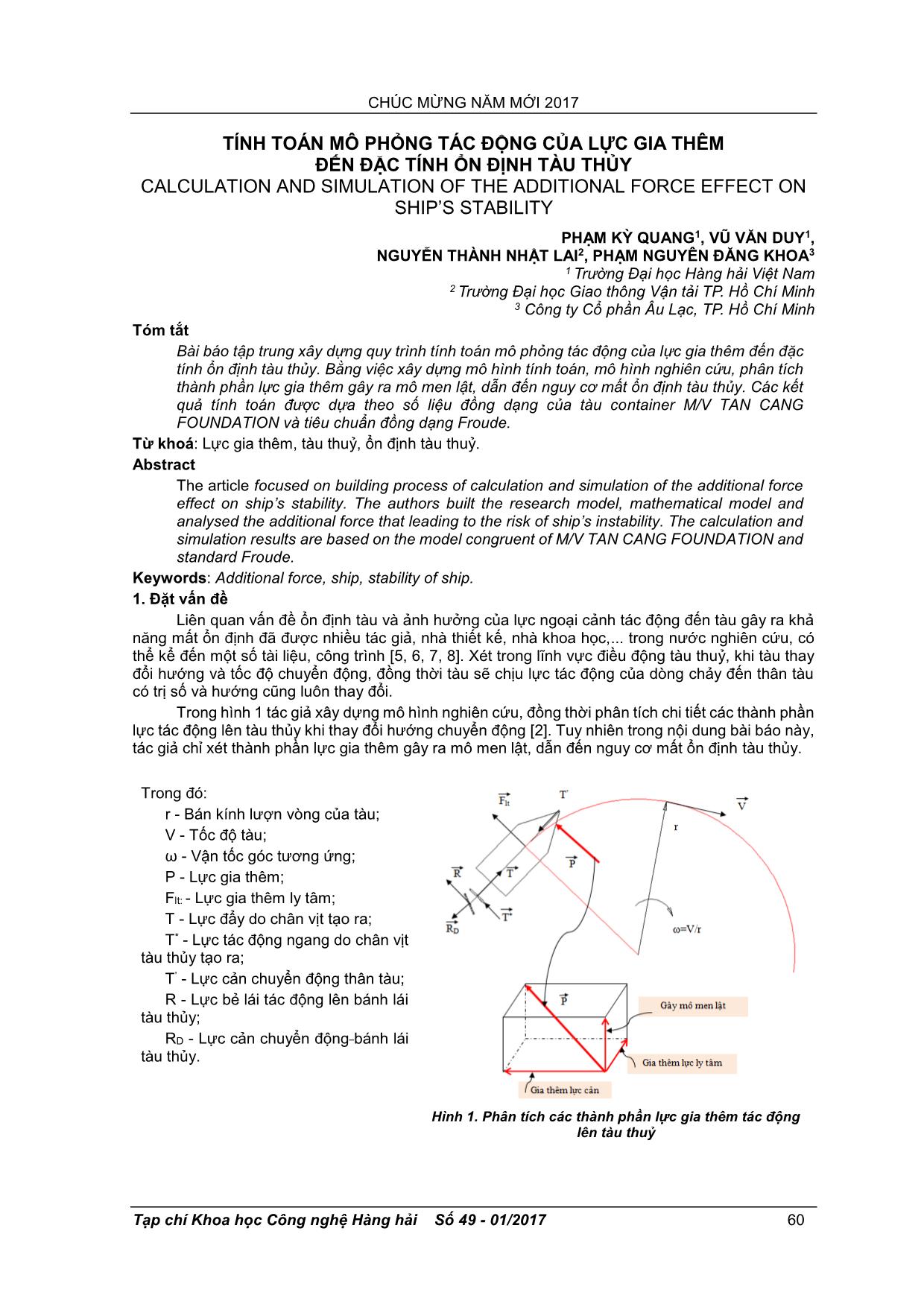 Tính toán mô phỏng tác động của lực gia thêm đến đặc tính ổn định tàu thủy trang 1