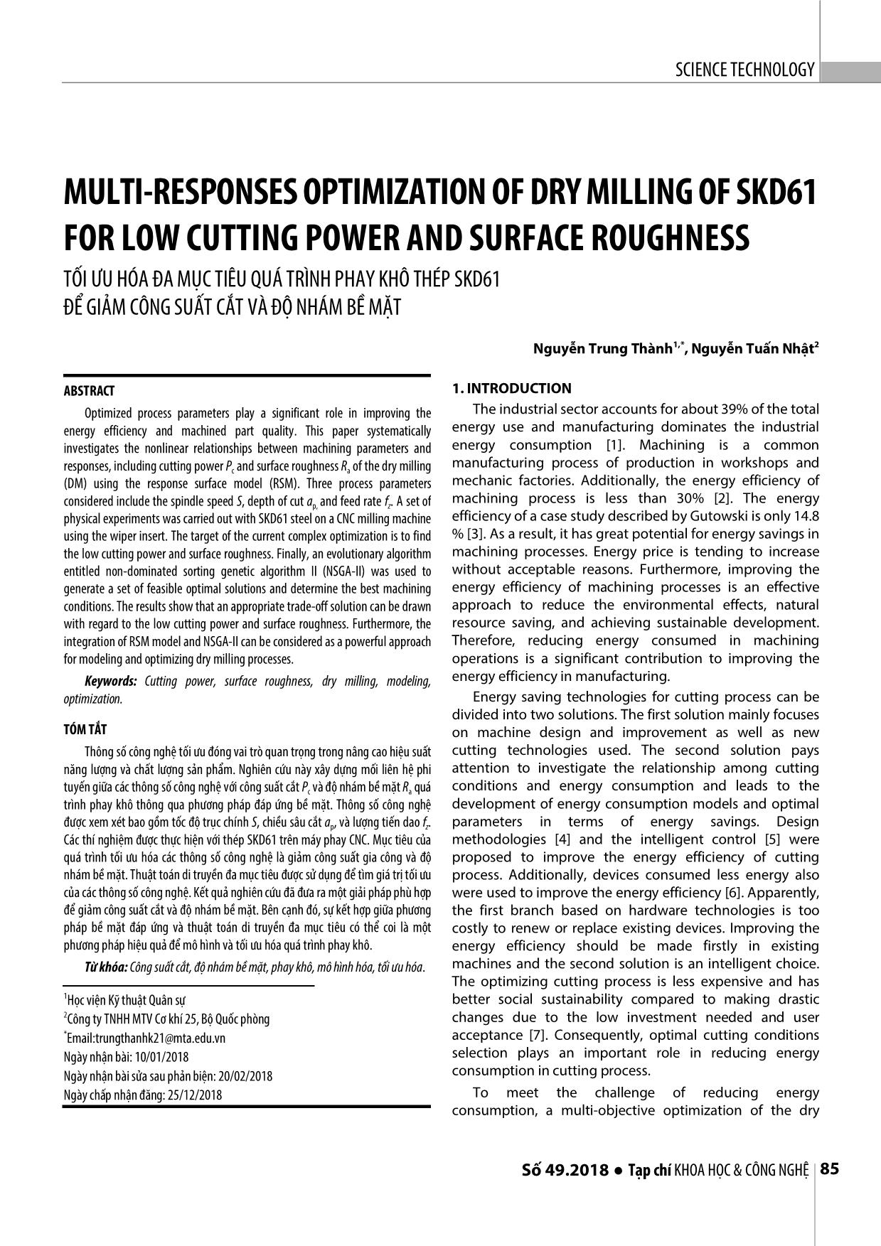 Tối ưu hóa đa mục tiêu quá trình phay khô thép SKD61 để giảm công suất cắt và độ nhám bề mặt trang 1