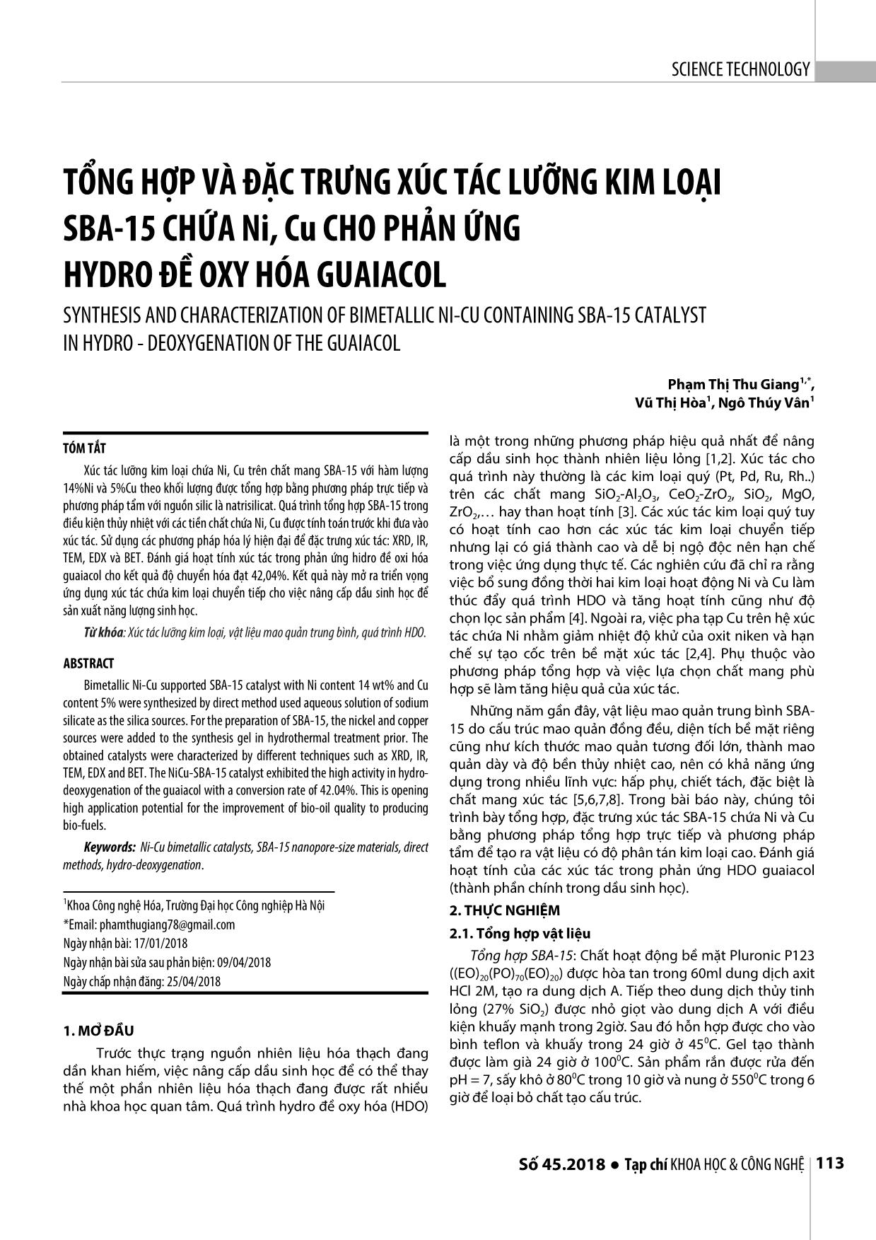 Tổng hợp và đặc trưng xúc tác lưỡng kim loại SBA-15 chứa Ni, Cu cho phản ứng hydro đề oxy hóa guaiacol trang 1