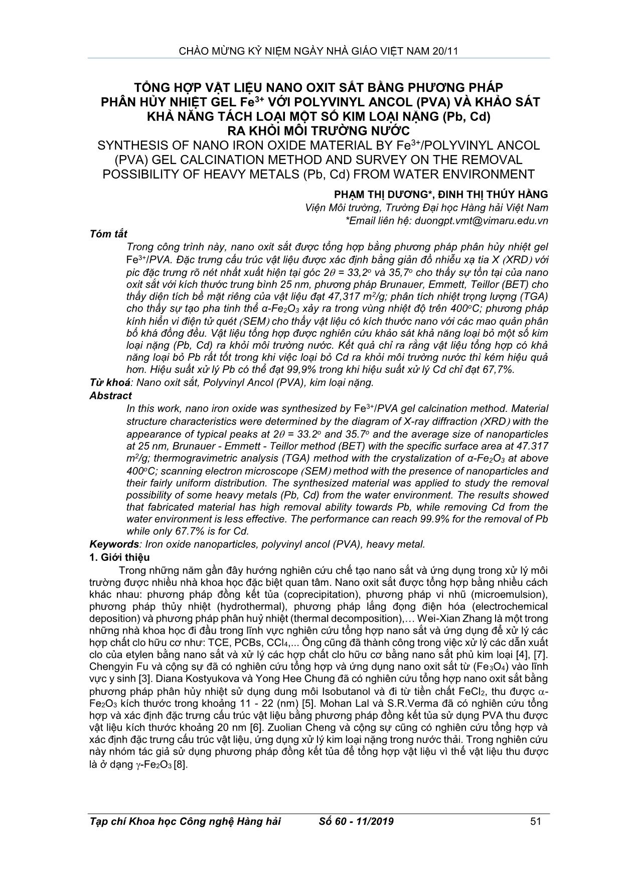 Tổng hợp vật liệu nano oxit sắt bằng phương pháp phân hủy nhiệt gel Fe3+ với polyvinyl ancol (PVA) và khảo sát khả năng tách loại một số kim loại nặng (Pb, Cd) ra khỏi môi trường nước trang 1
